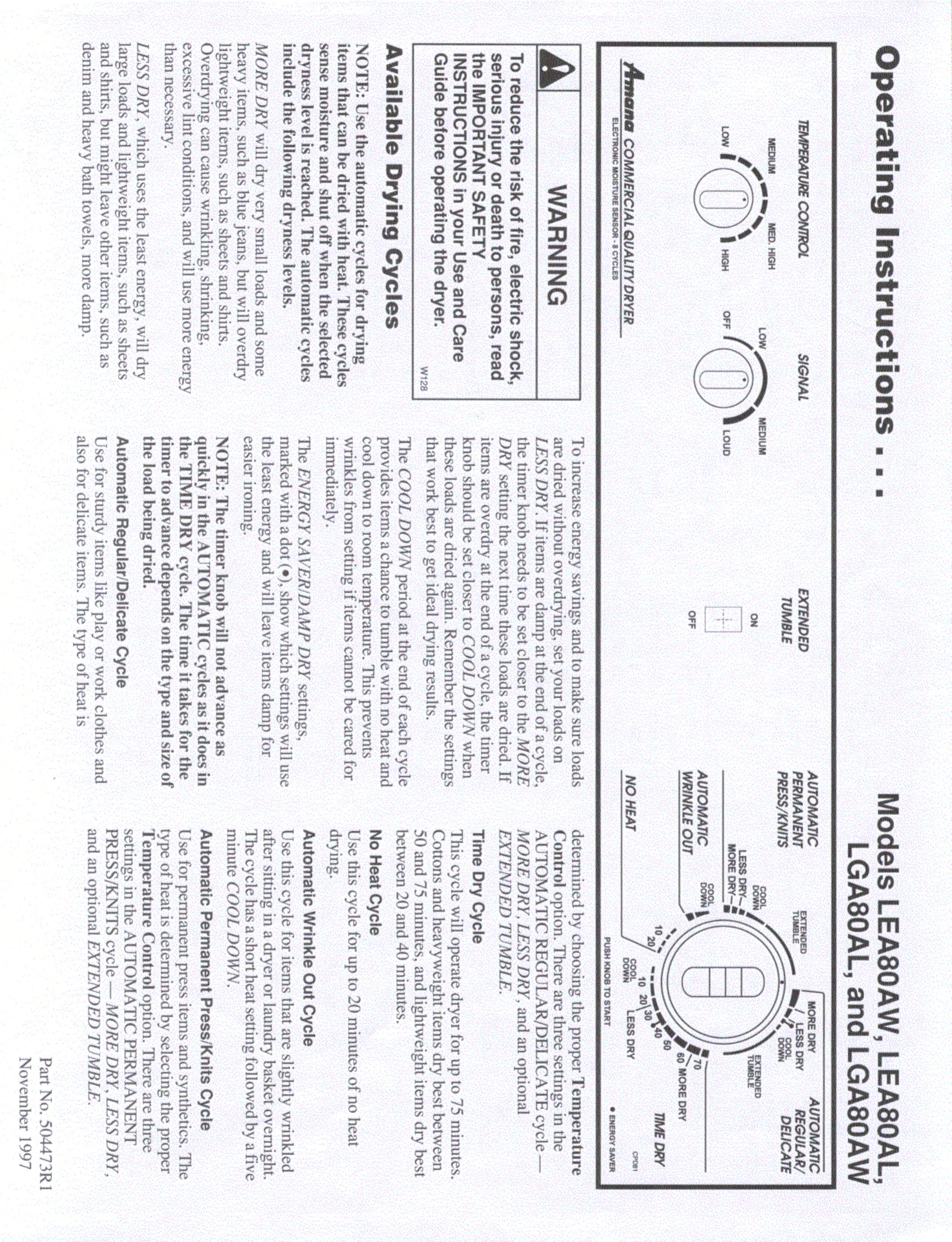 Amana LEA80AL Clothes Dryer User Manual