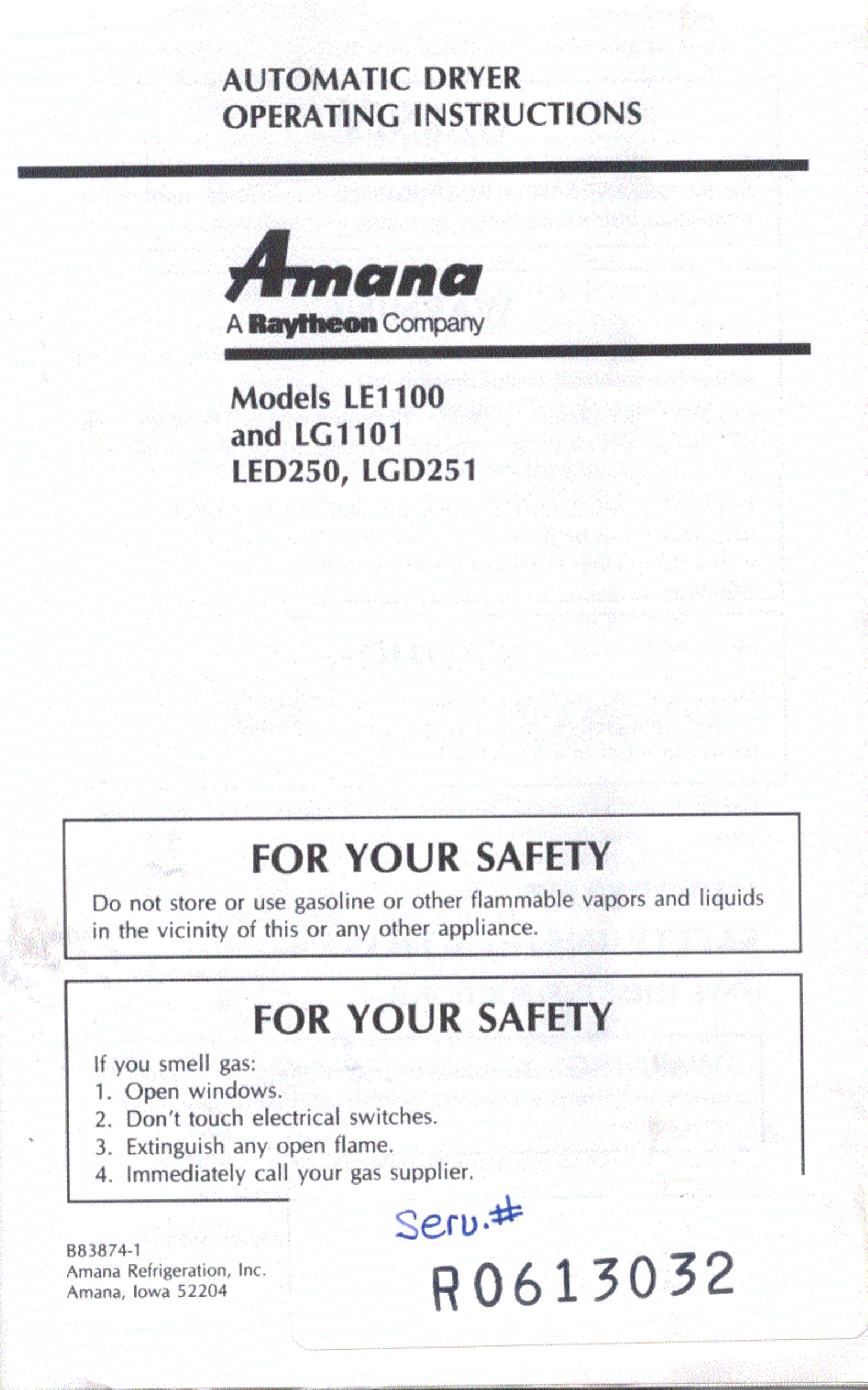 Amana LG1101 Clothes Dryer User Manual
