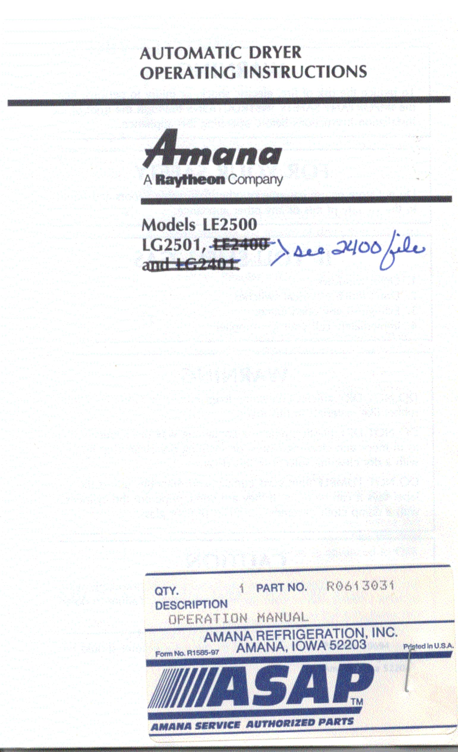 Amana LG2501 Clothes Dryer User Manual