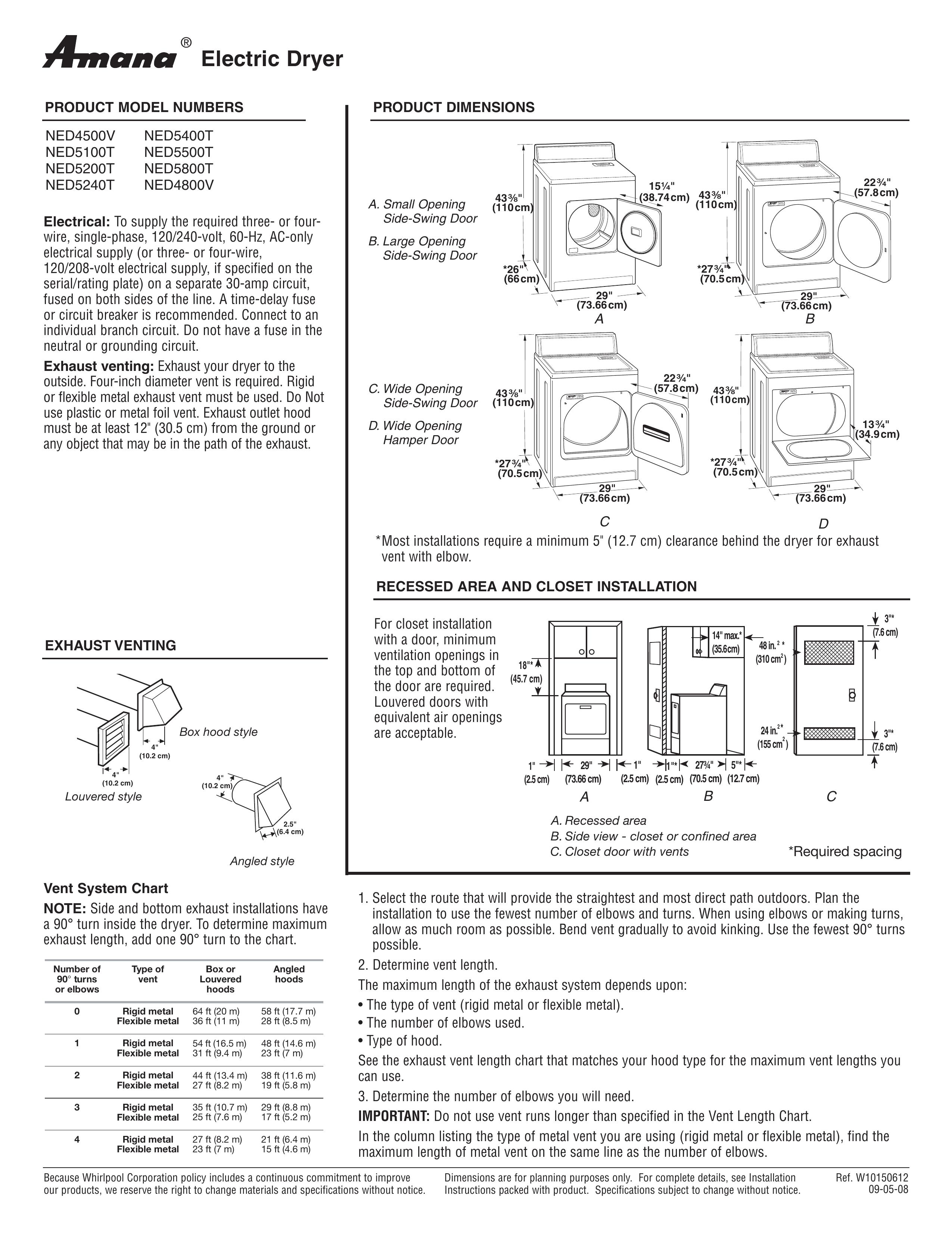 Amana NED5100T Clothes Dryer User Manual
