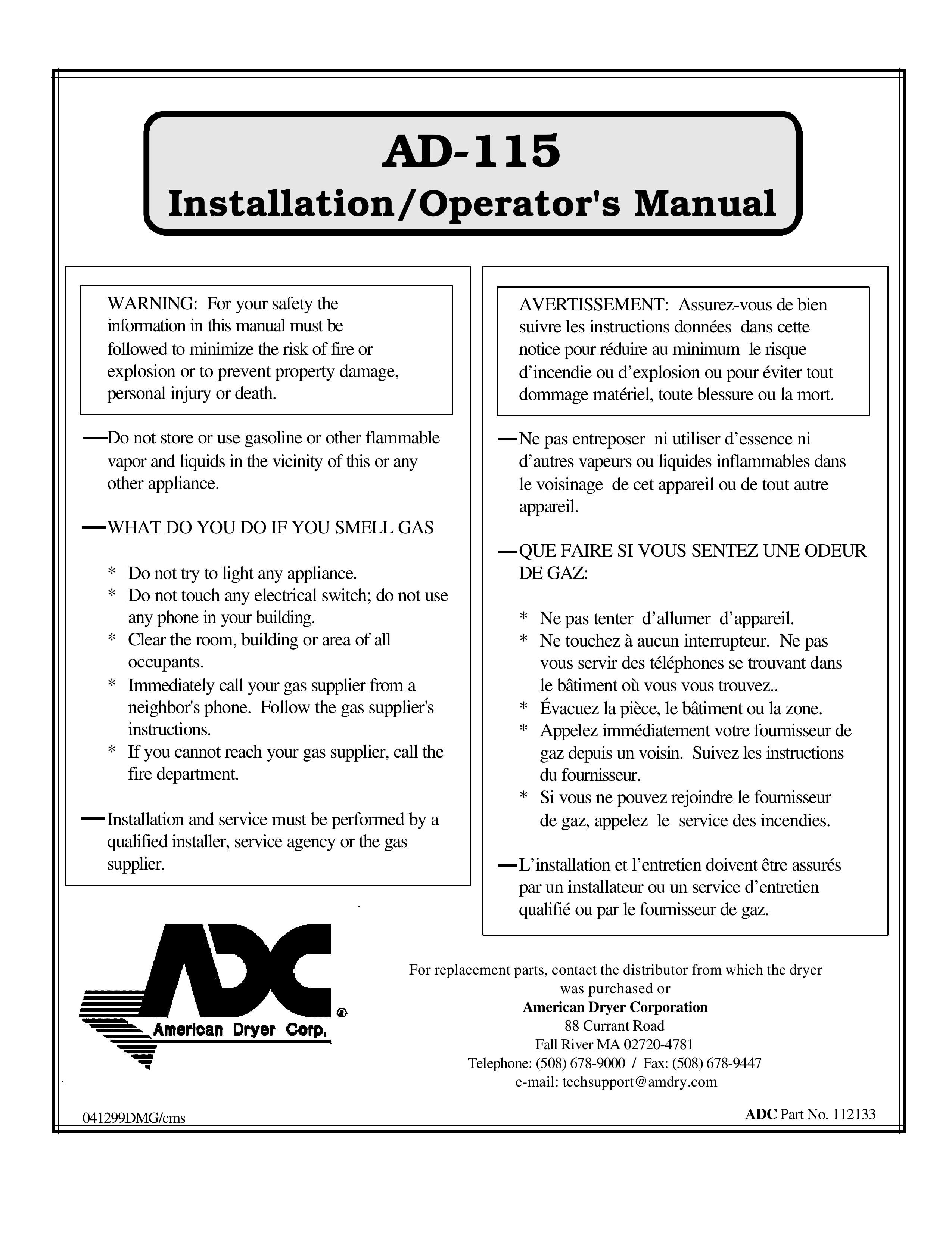 American Dryer Corp. AD-115 Clothes Dryer User Manual