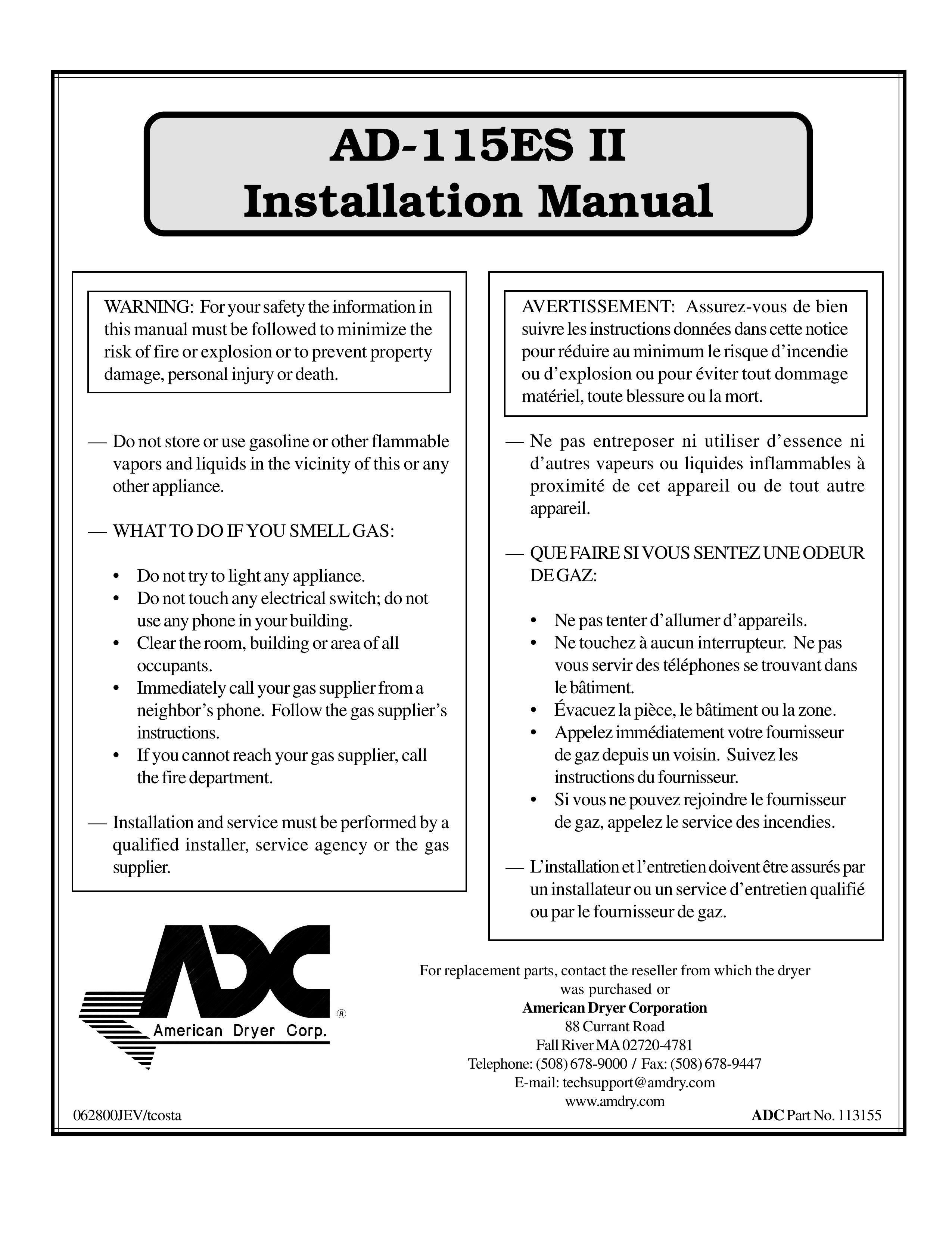American Dryer Corp. AD-115ES II Clothes Dryer User Manual