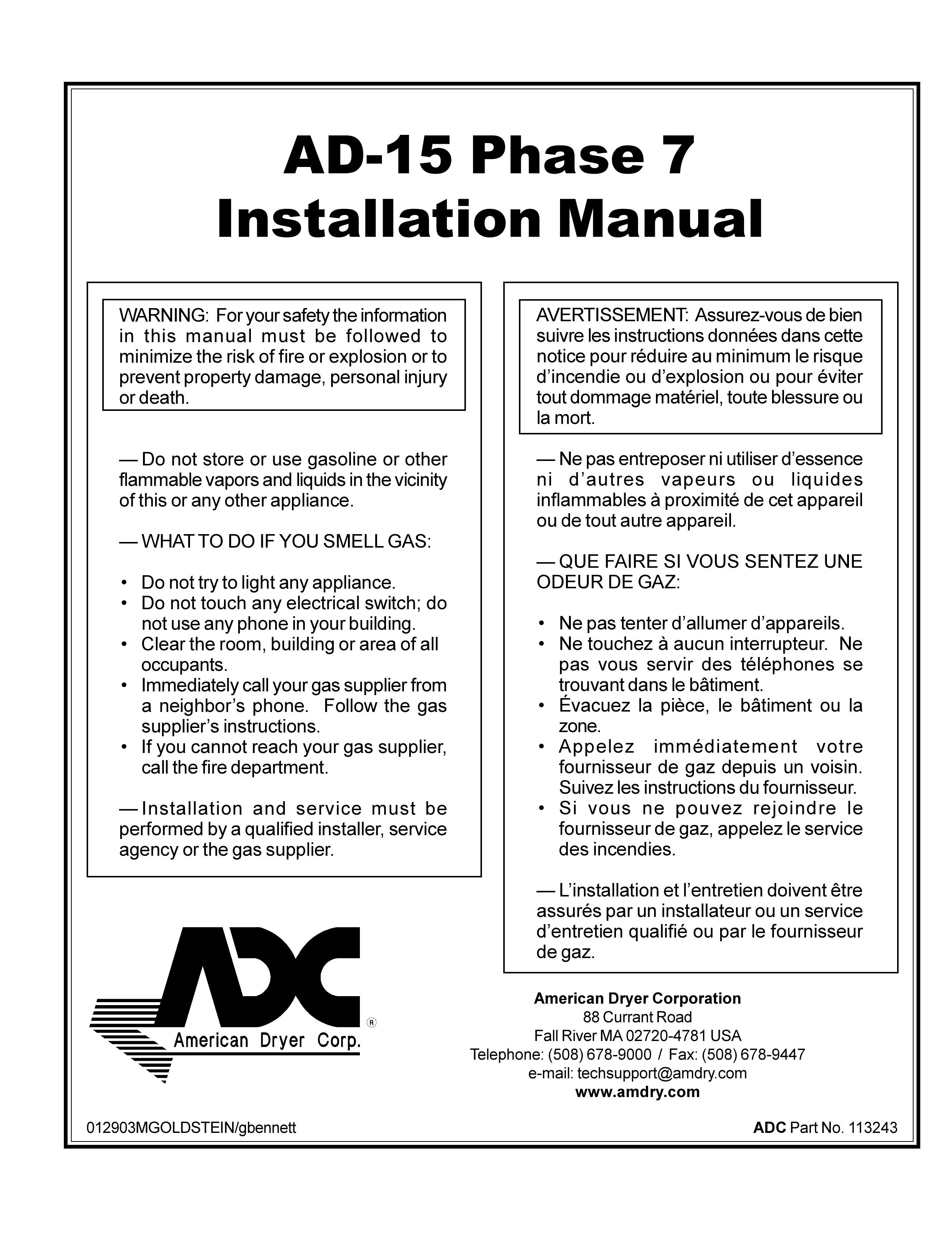 American Dryer Corp. AD-15 Phase 7 Clothes Dryer User Manual