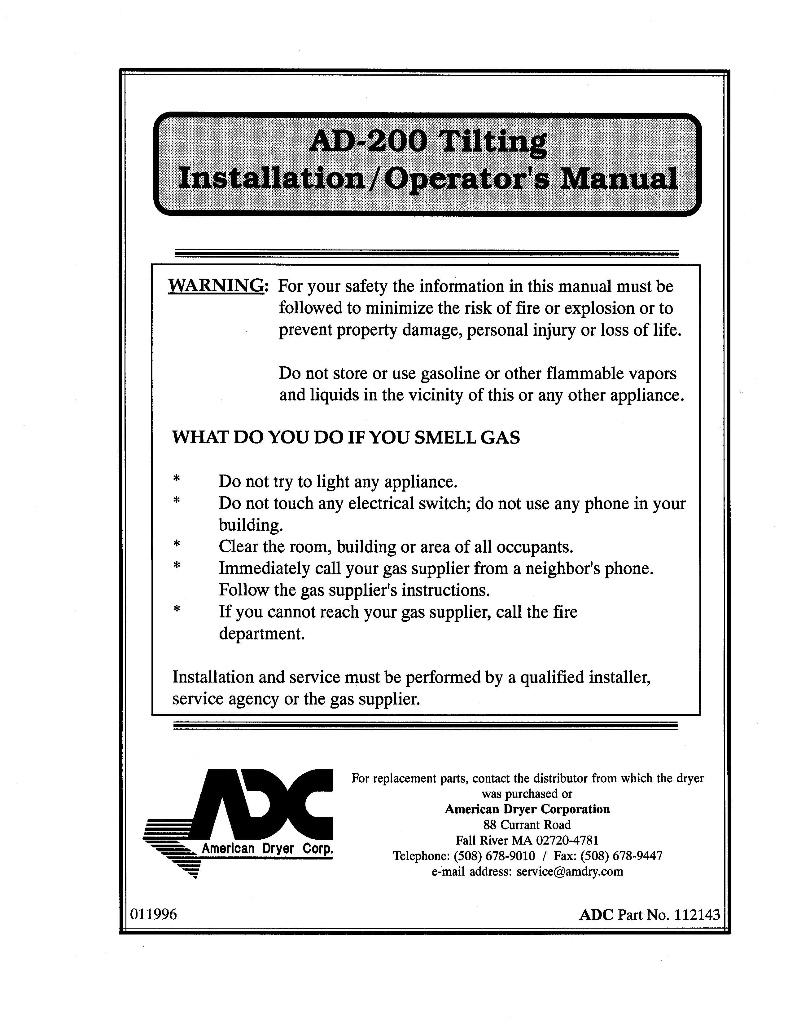 American Dryer Corp. AD-200 Tilting Clothes Dryer User Manual