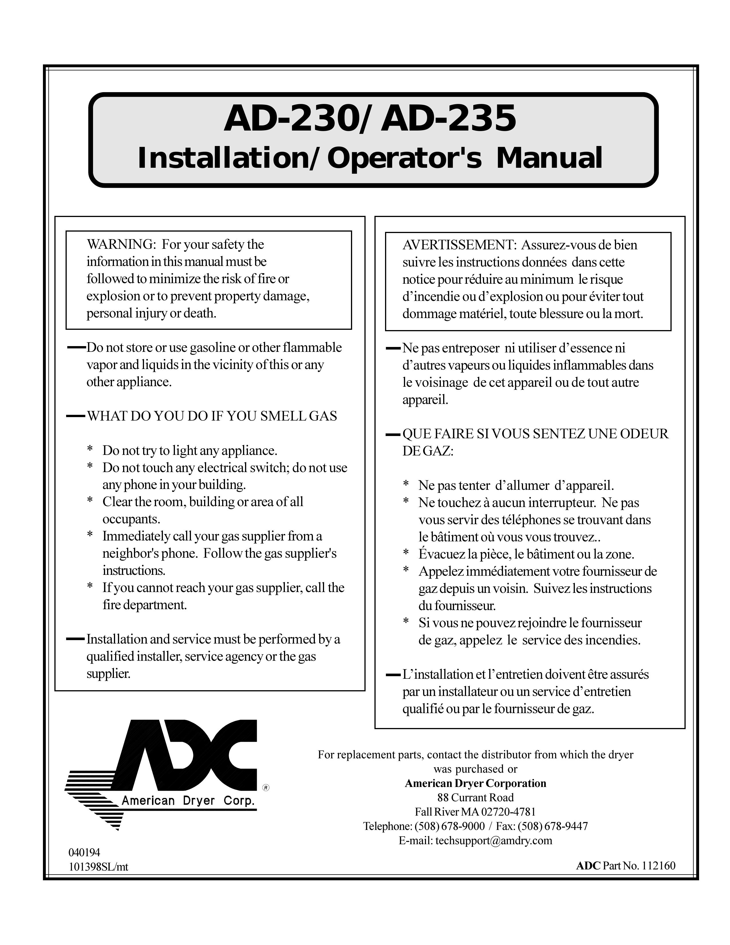 American Dryer Corp. AD-230 Clothes Dryer User Manual