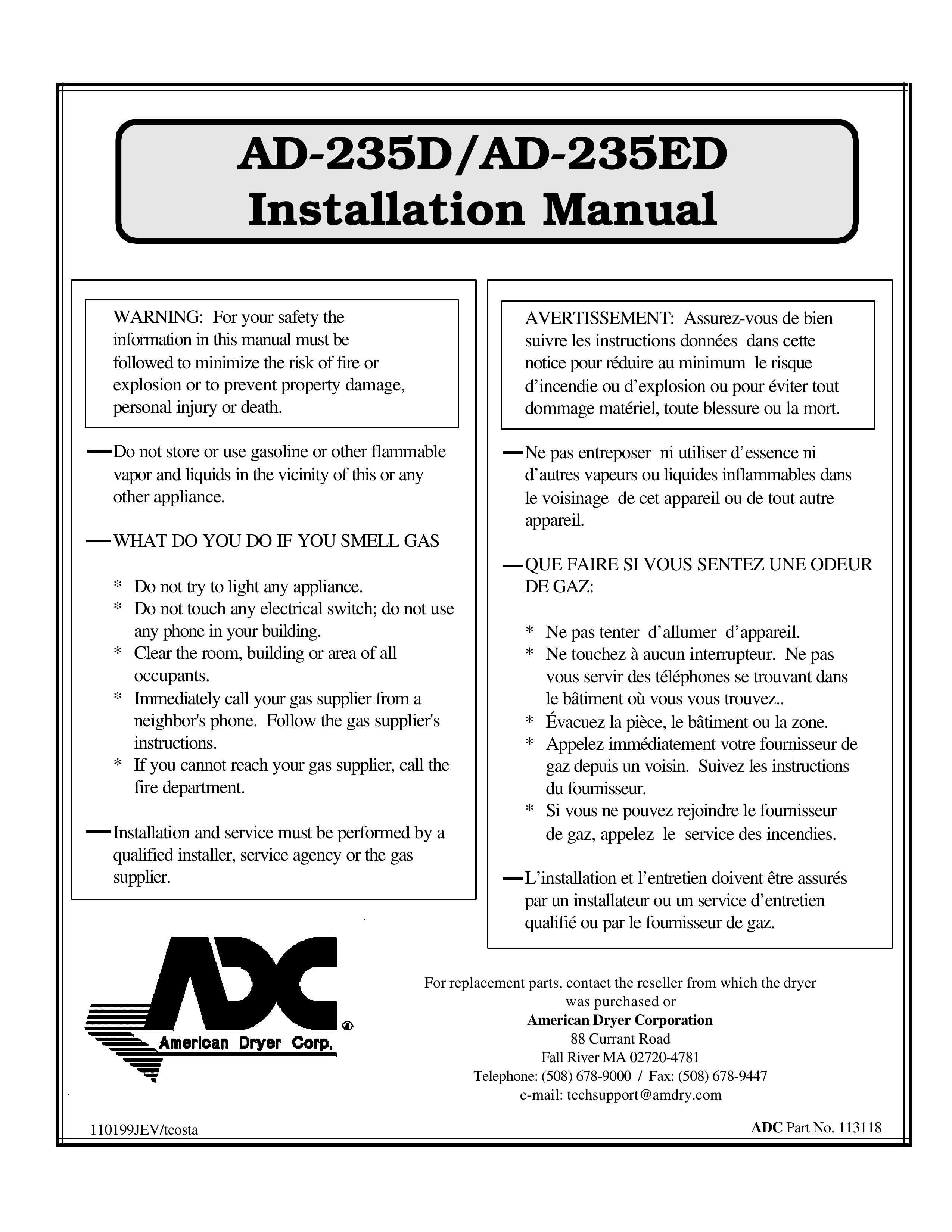 American Dryer Corp. AD-235ED Clothes Dryer User Manual