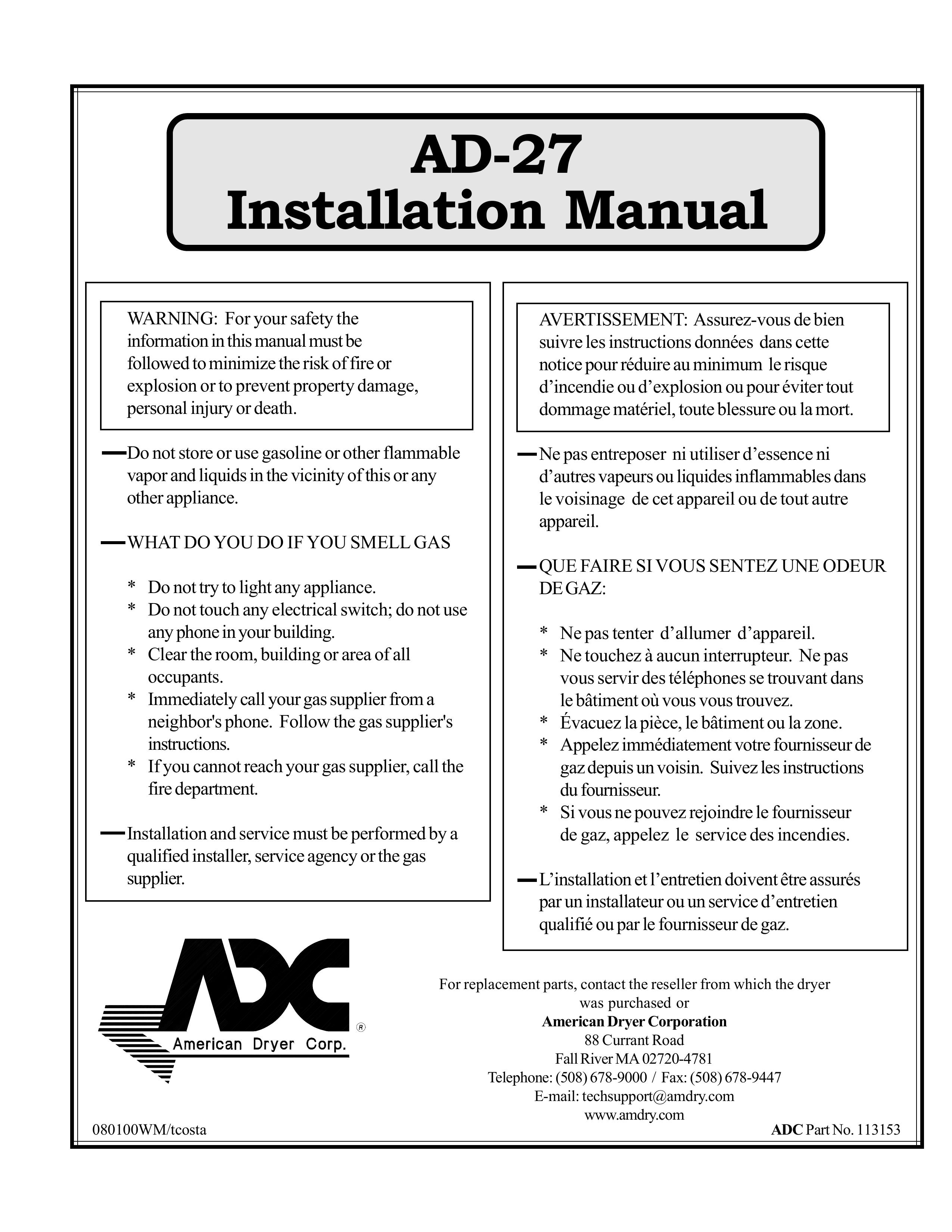 American Dryer Corp. AD-27 Clothes Dryer User Manual