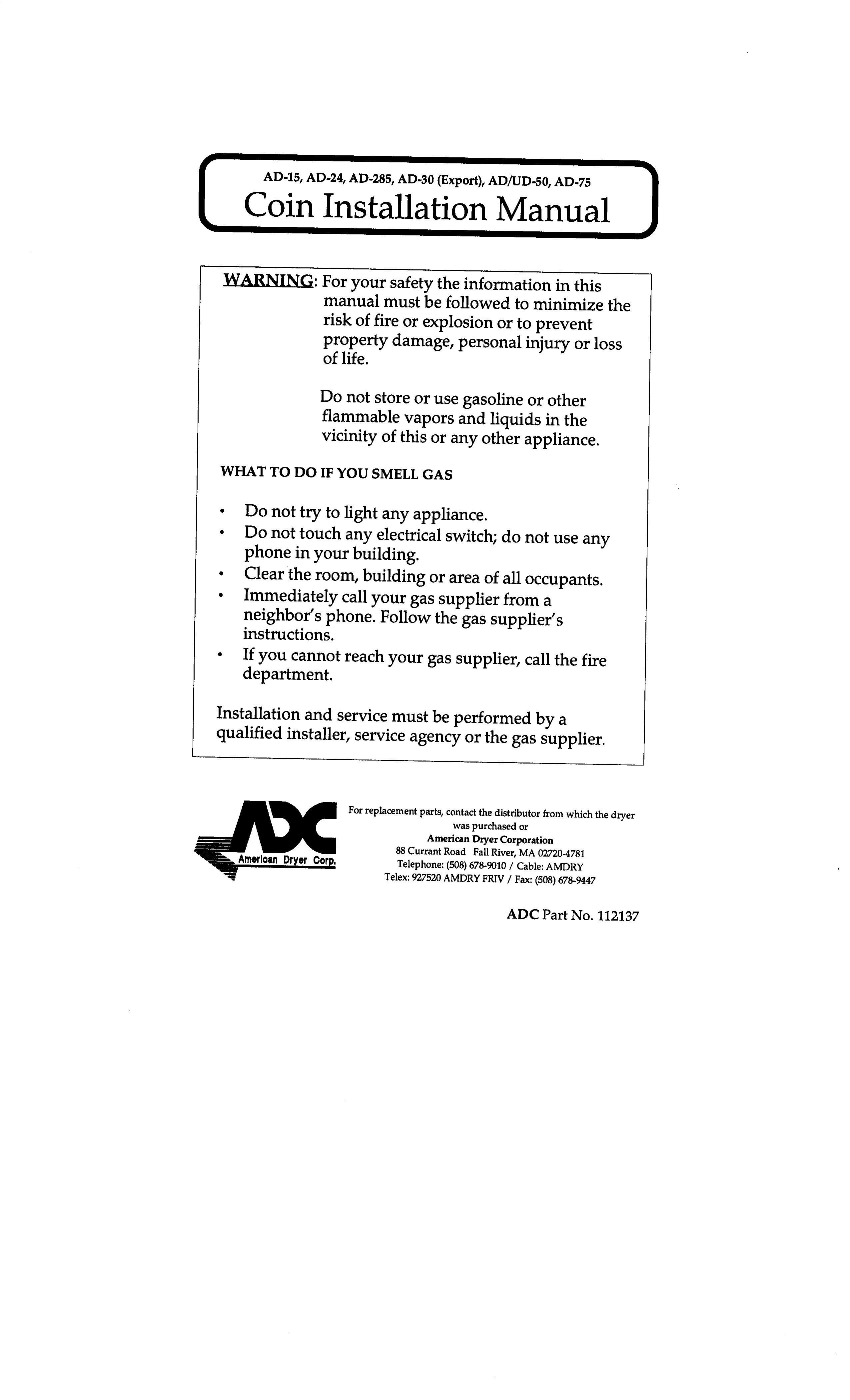 American Dryer Corp. AD-30 (Export) Clothes Dryer User Manual
