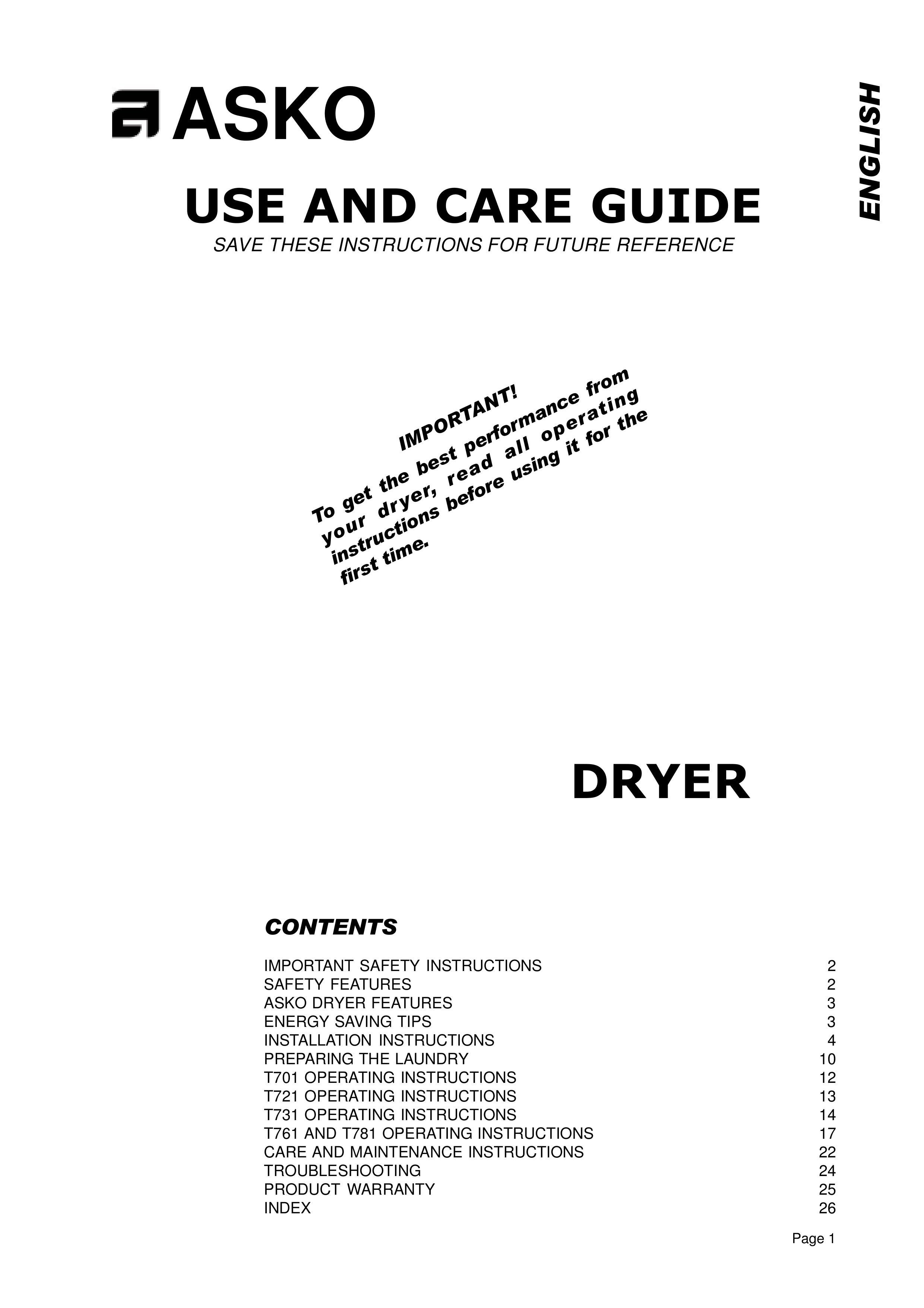 Asko T731 Clothes Dryer User Manual