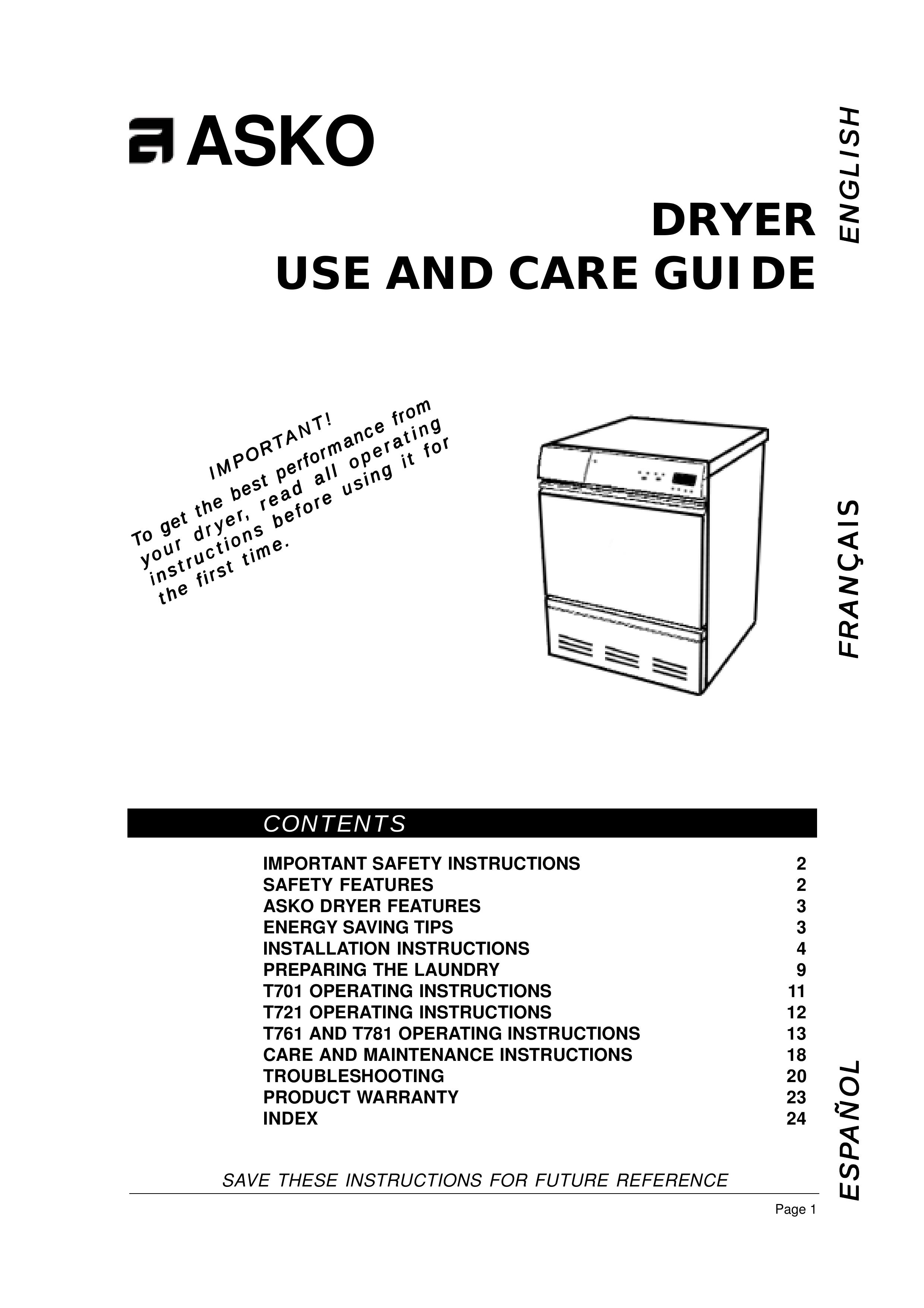 Asko T761 Clothes Dryer User Manual