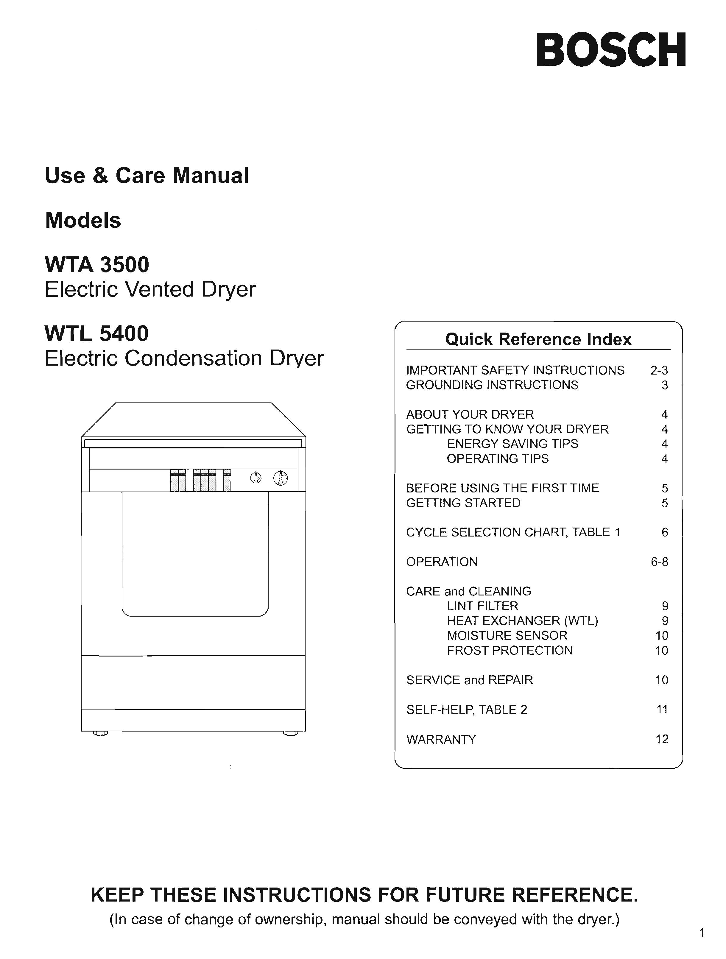 Bosch Appliances WTA 3500 Clothes Dryer User Manual