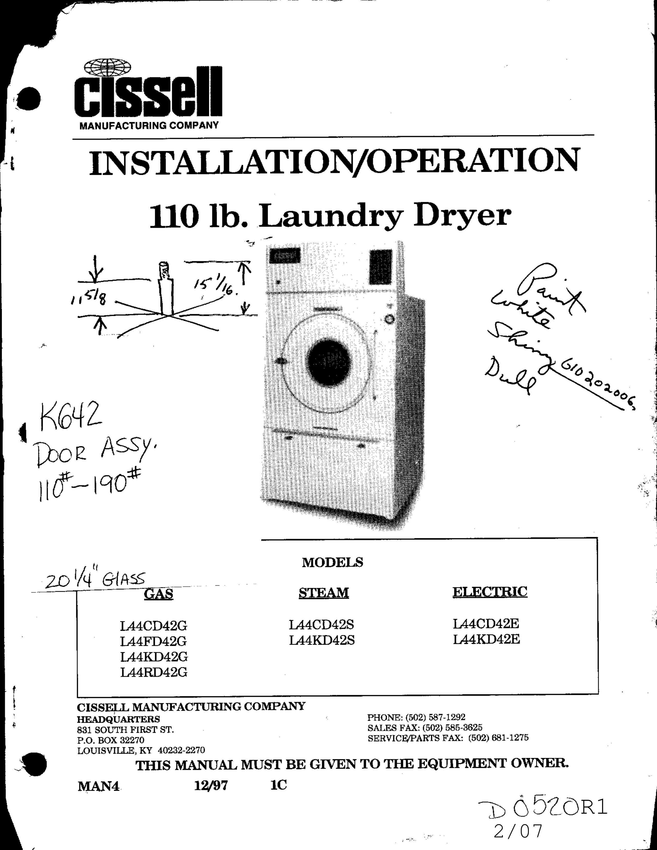 Cissell L28FD30 Clothes Dryer User Manual
