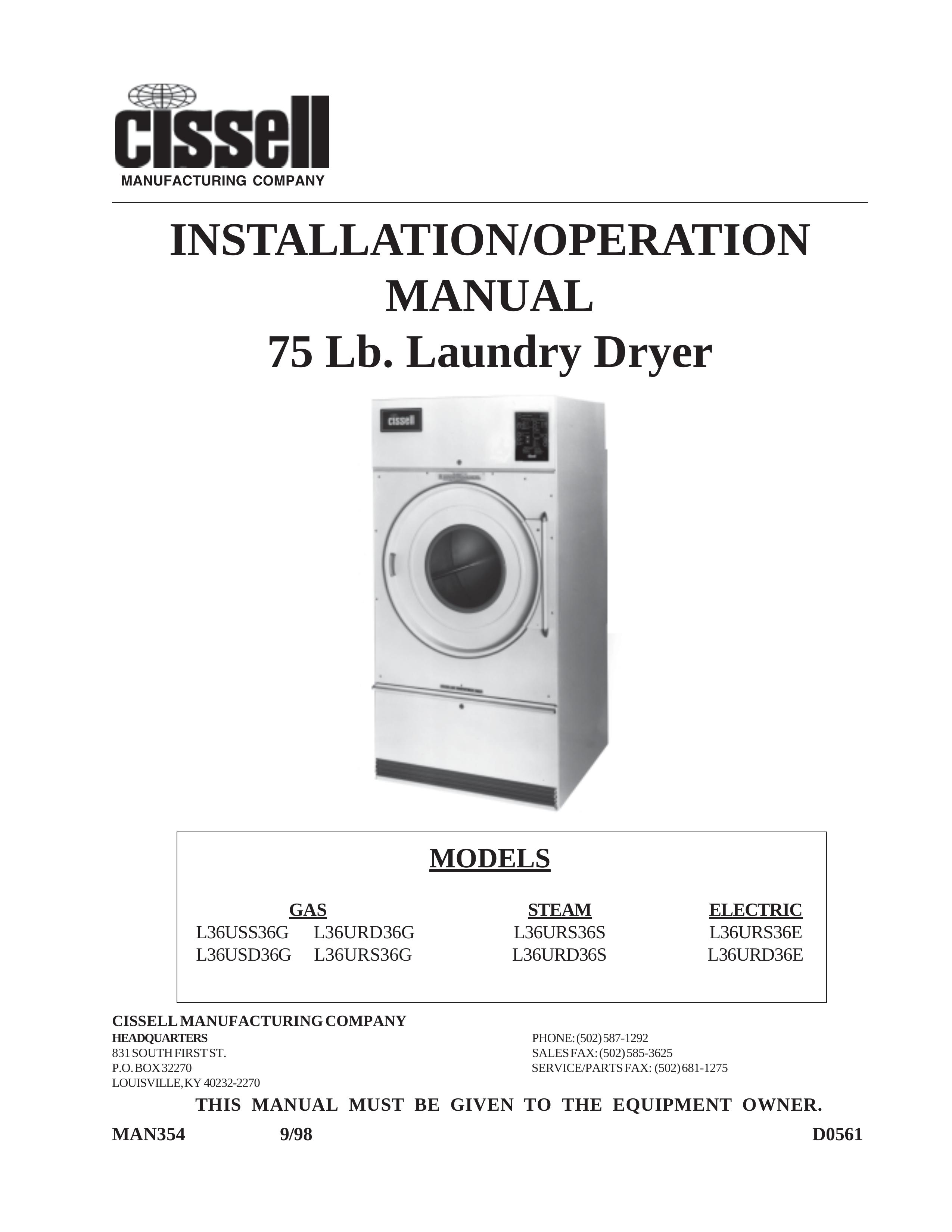 Cissell L36USS36G Clothes Dryer User Manual