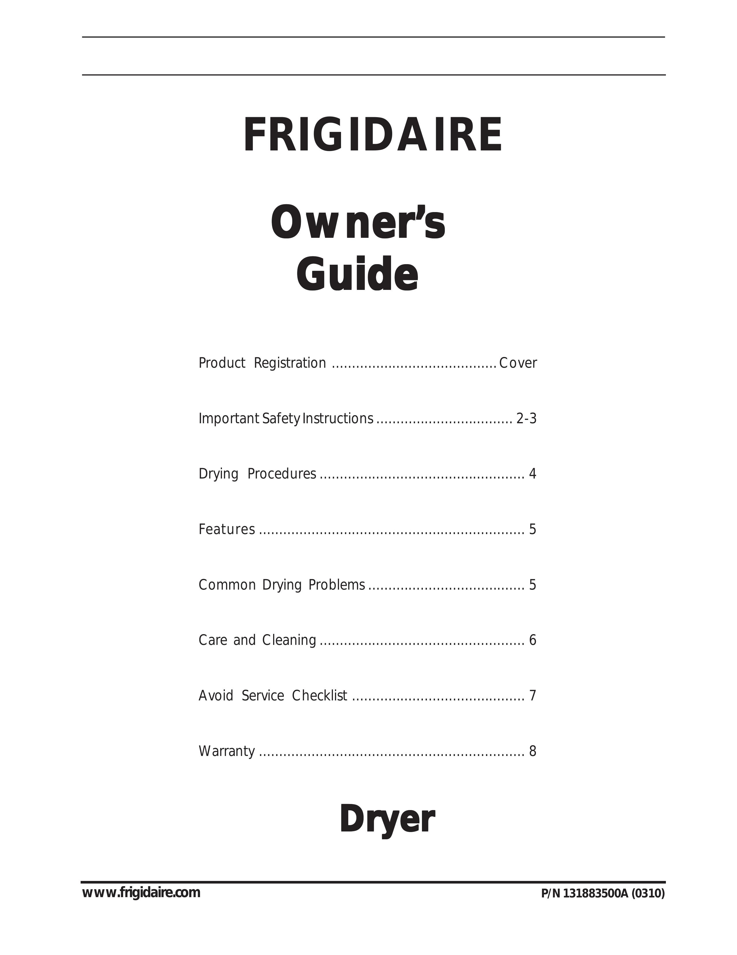 Frigidaire 131883500A Clothes Dryer User Manual