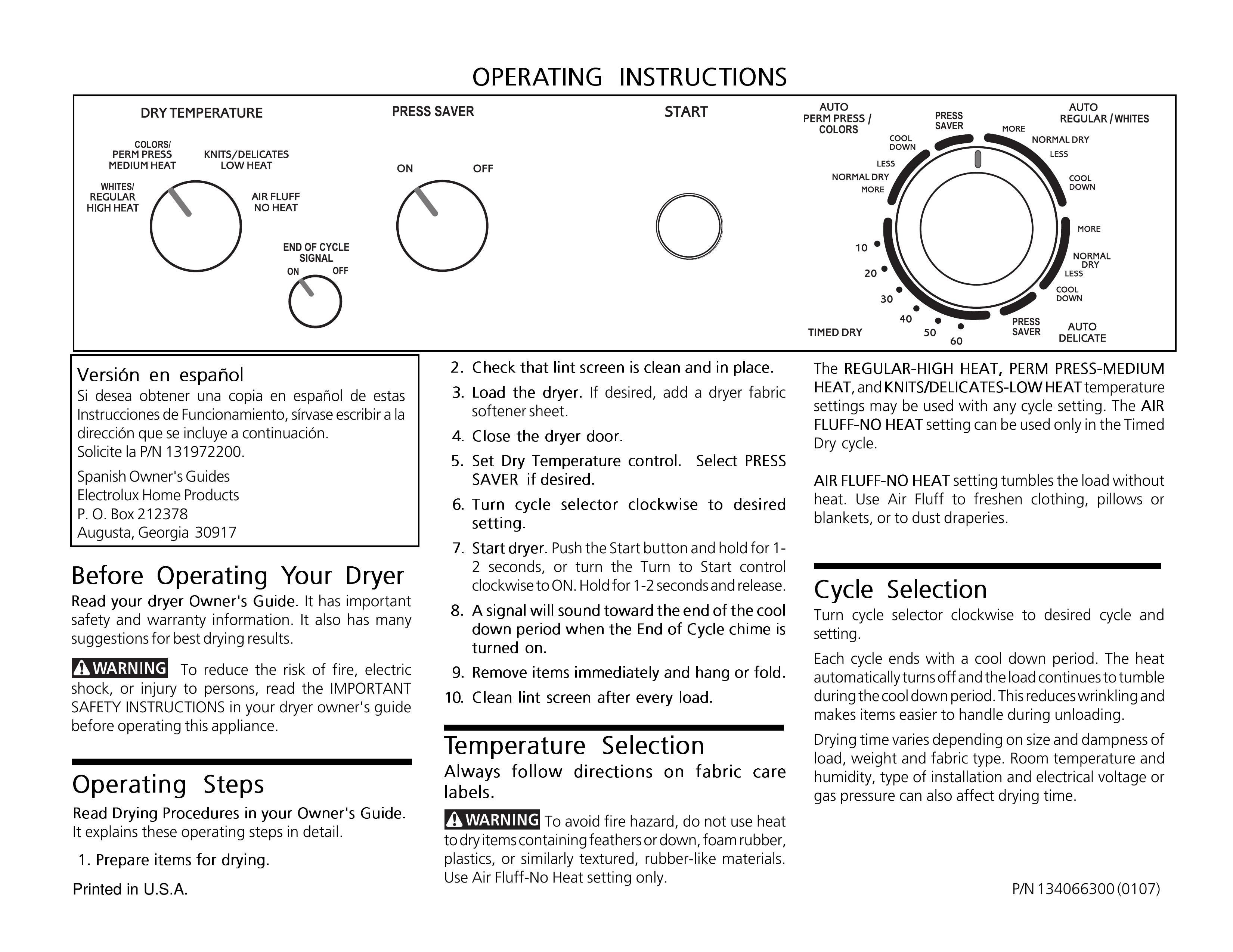 Frigidaire 134066300 Clothes Dryer User Manual