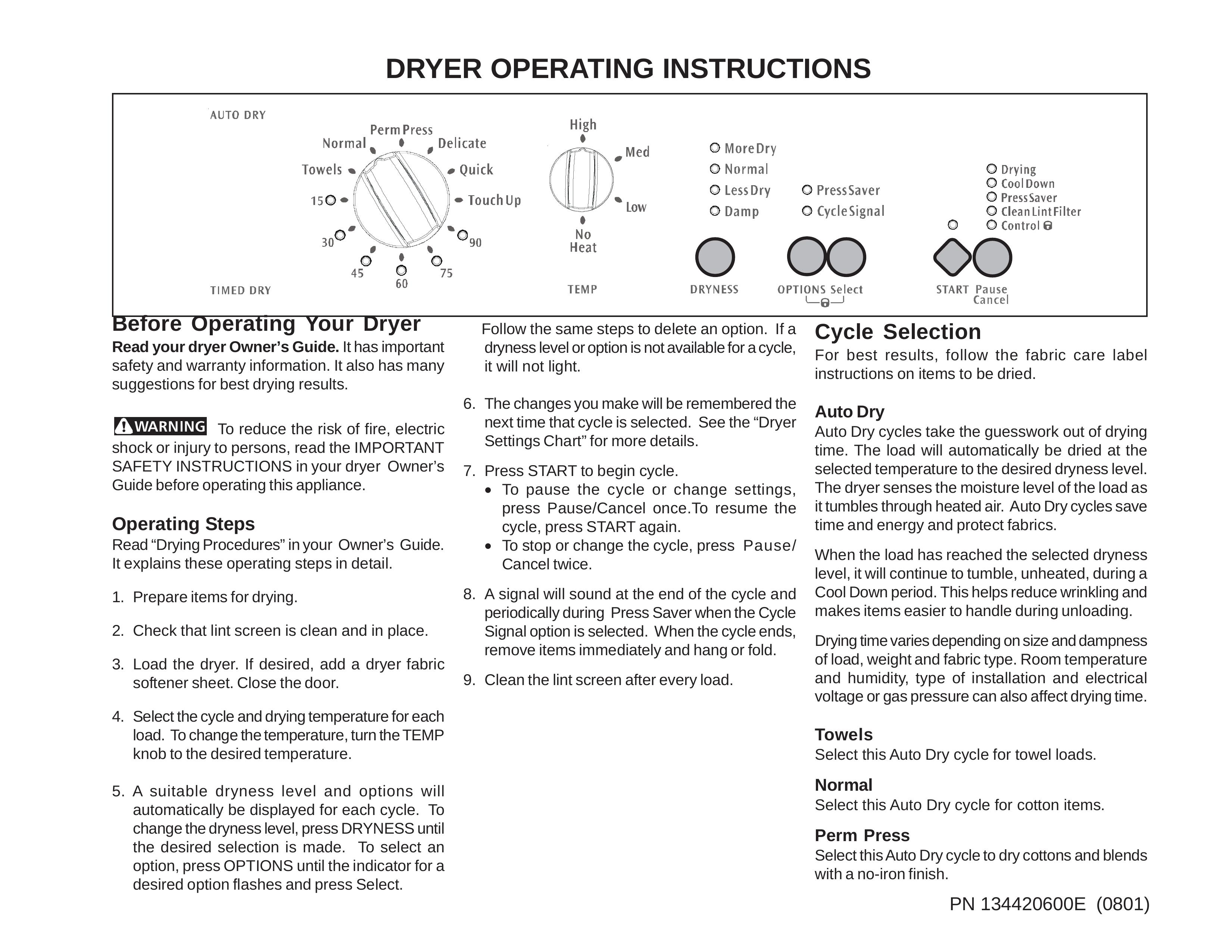 Frigidaire 134420600E Clothes Dryer User Manual