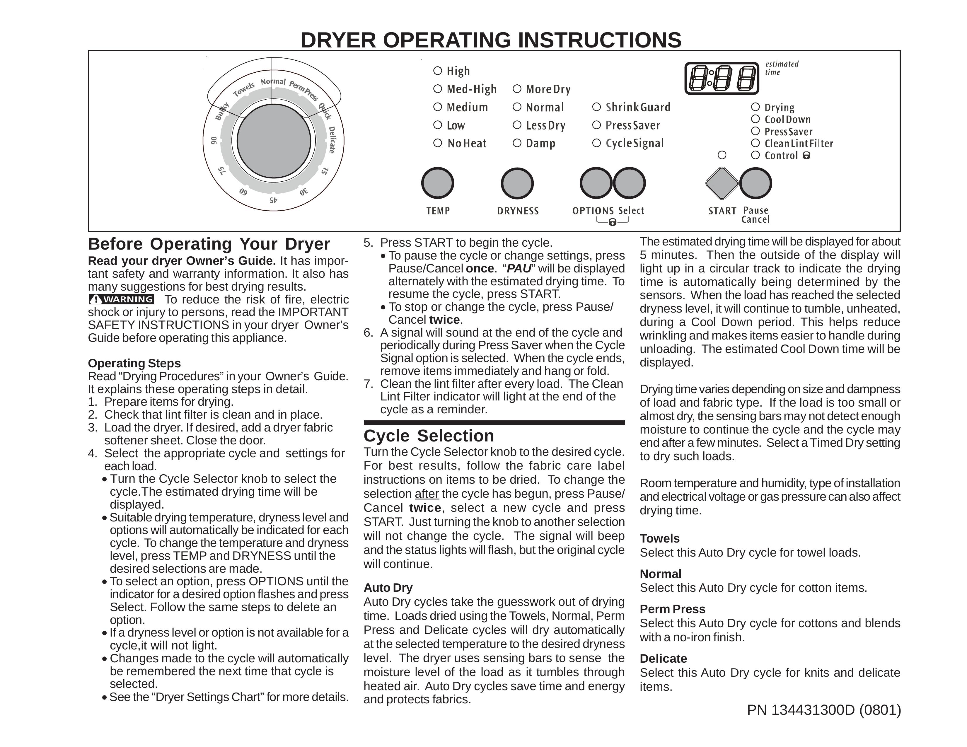 Frigidaire 134431300D Clothes Dryer User Manual