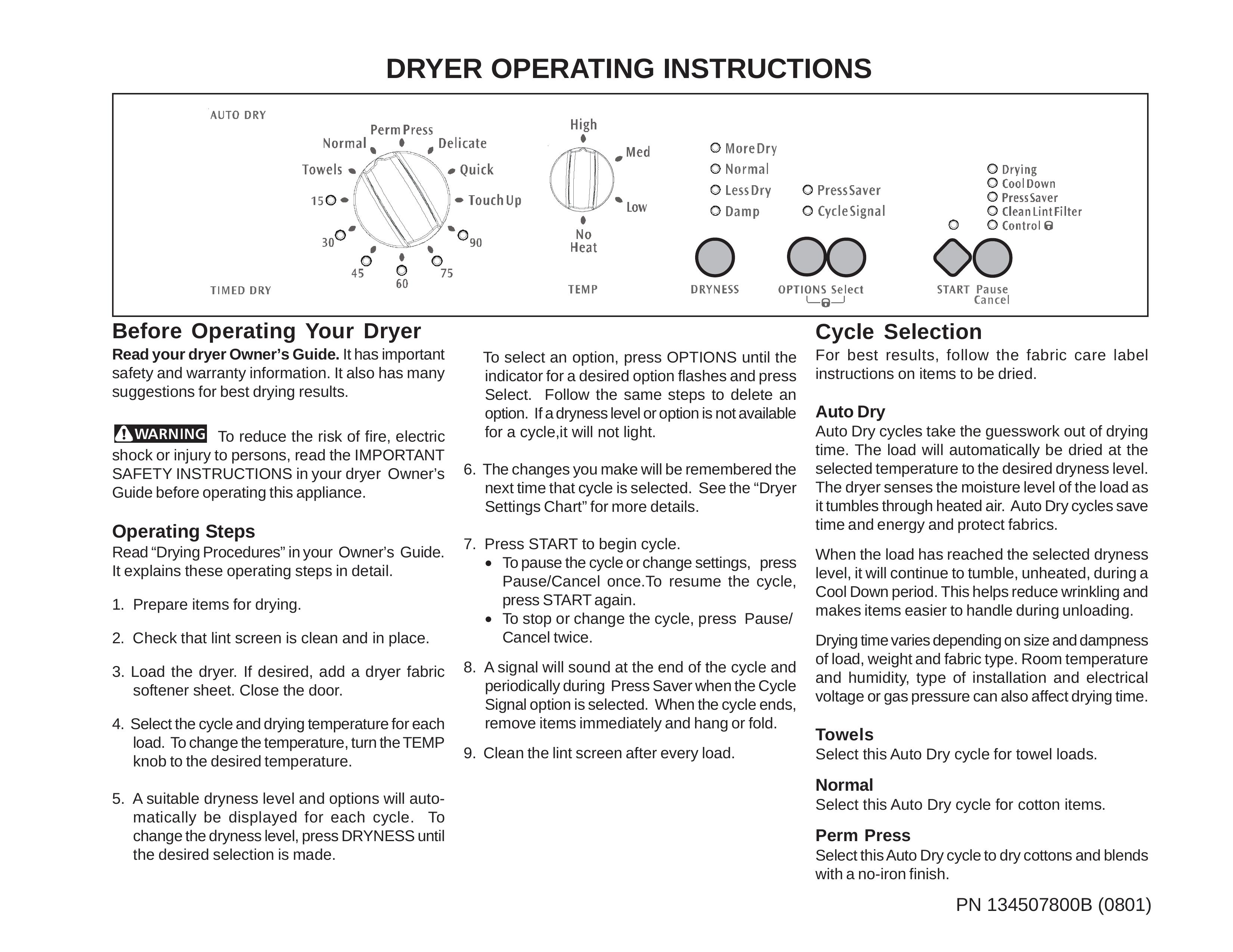 Frigidaire 134507800B Clothes Dryer User Manual