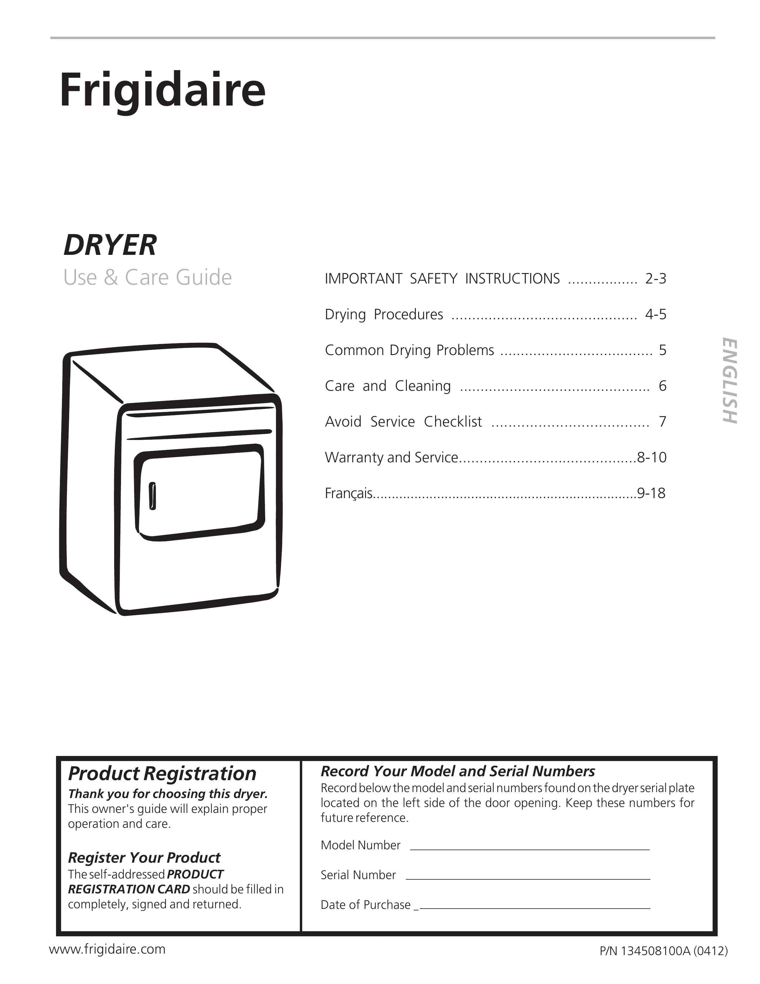 Frigidaire 134508100A Clothes Dryer User Manual
