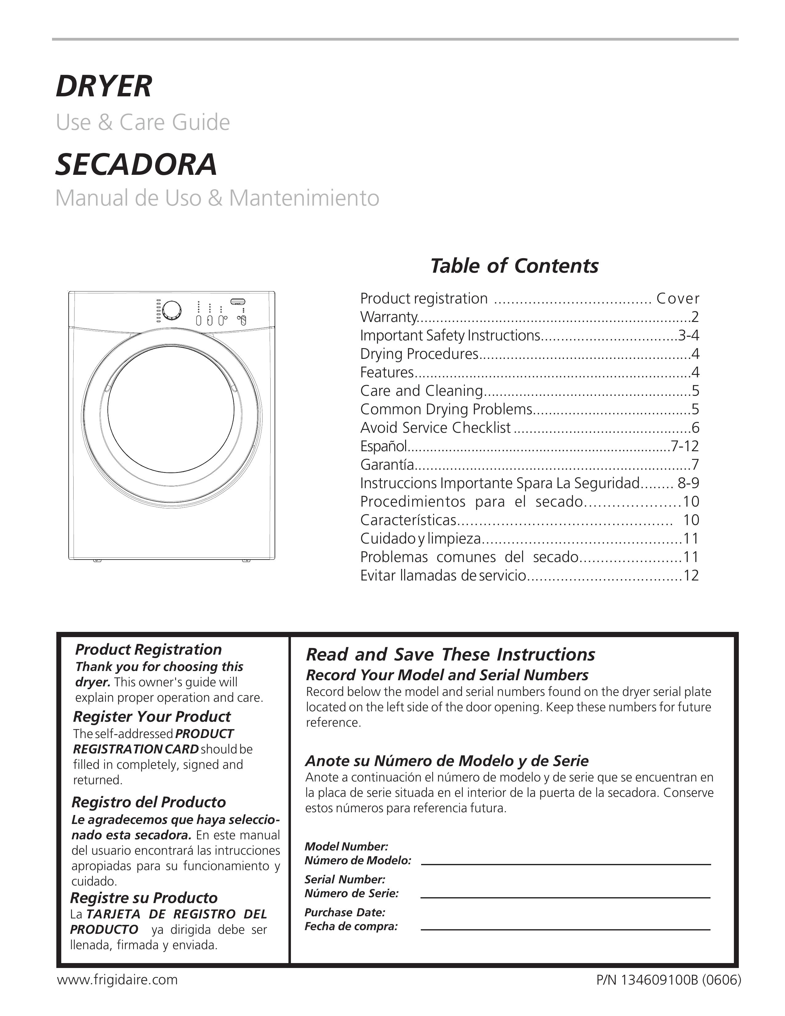 Frigidaire 134609100B Clothes Dryer User Manual