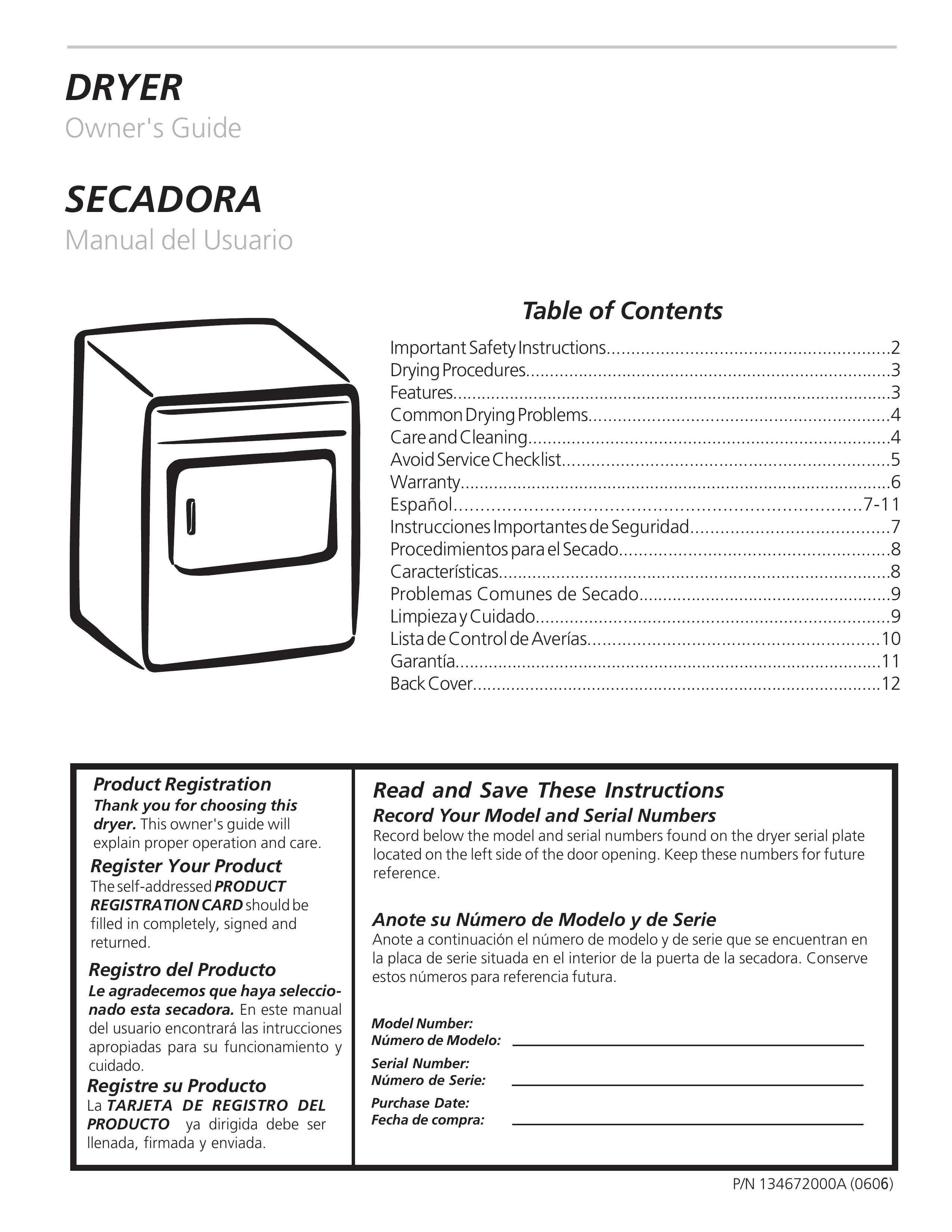 Frigidaire 134672000A Clothes Dryer User Manual