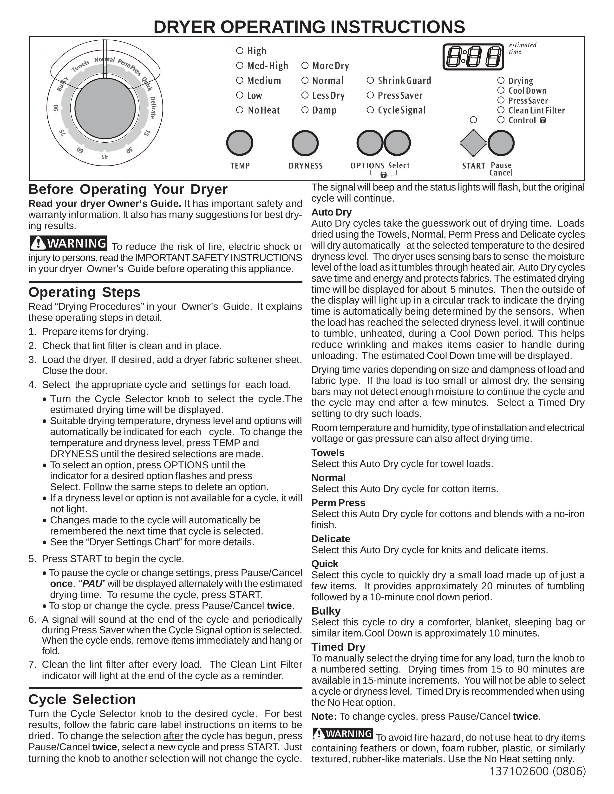 Frigidaire 137102600 Clothes Dryer User Manual