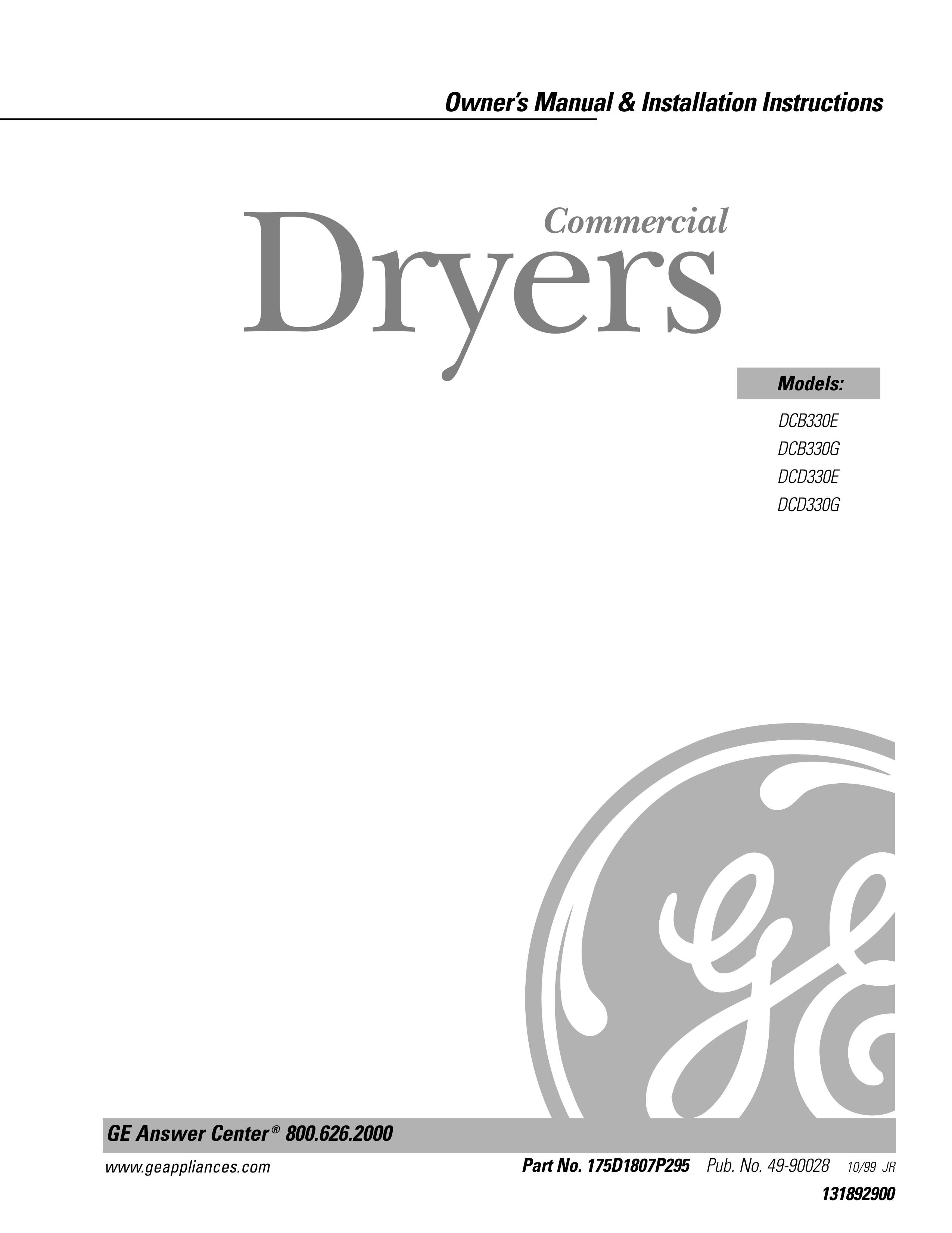 GE 131892900 Clothes Dryer User Manual