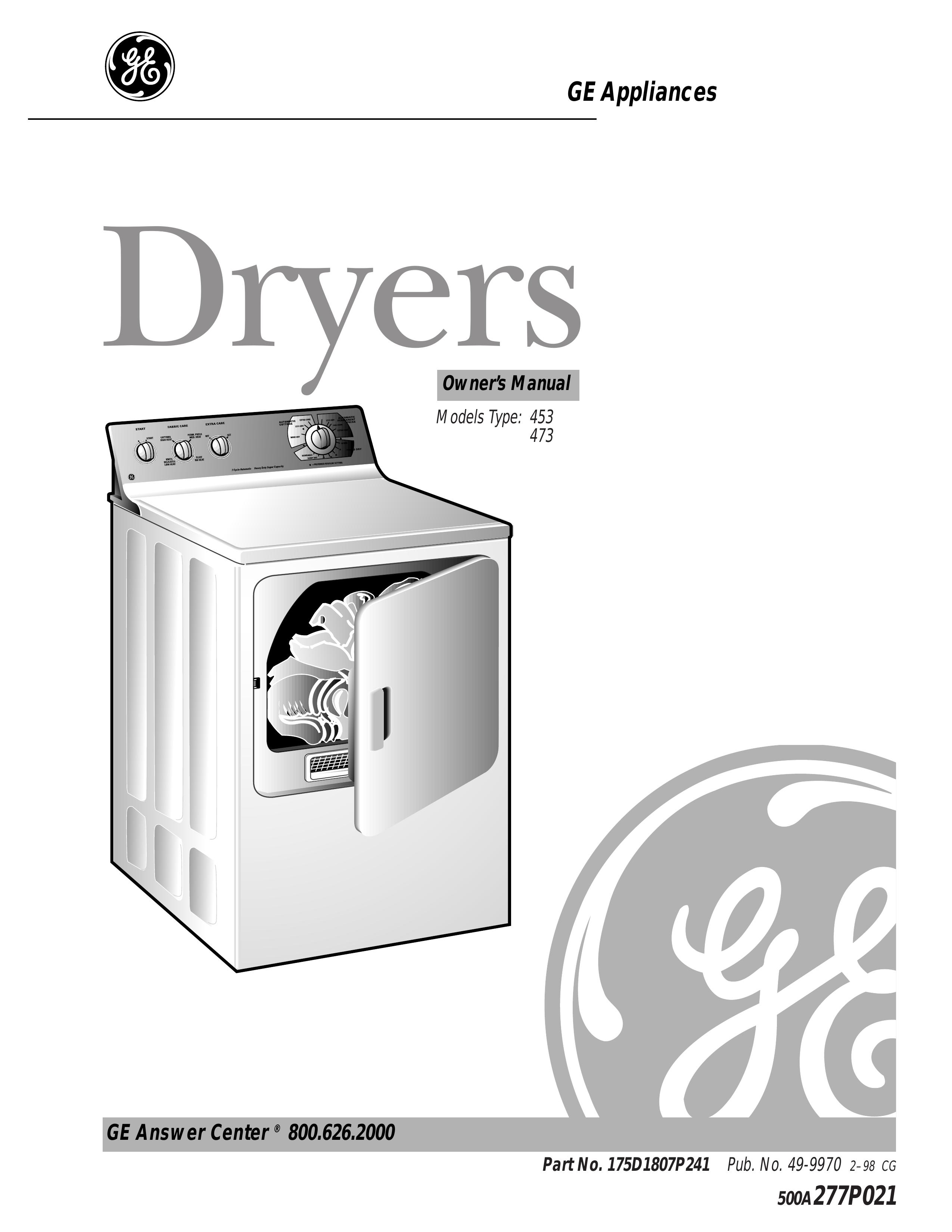GE 175D1807P241 Clothes Dryer User Manual