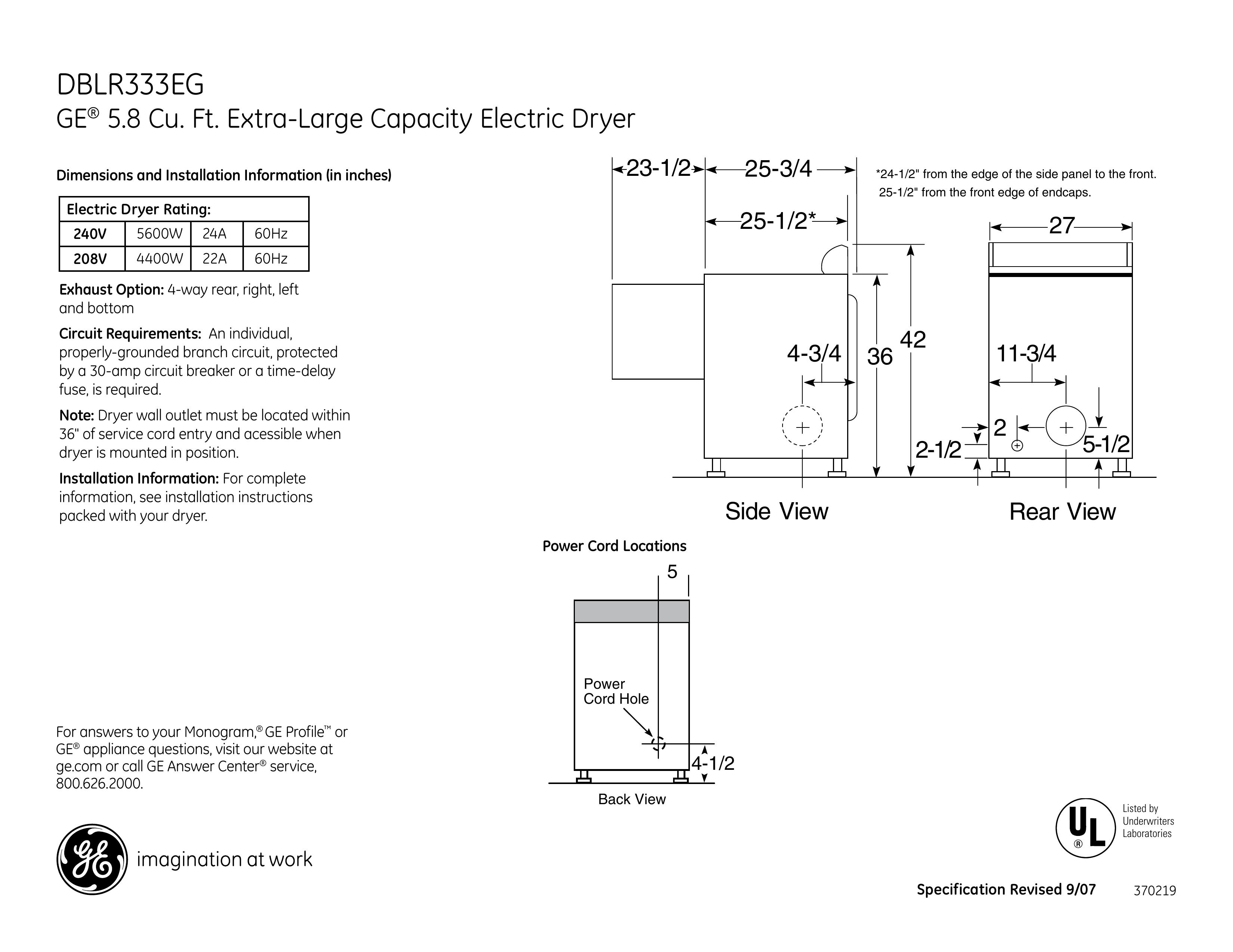 GE DBLR333EGWW Clothes Dryer User Manual