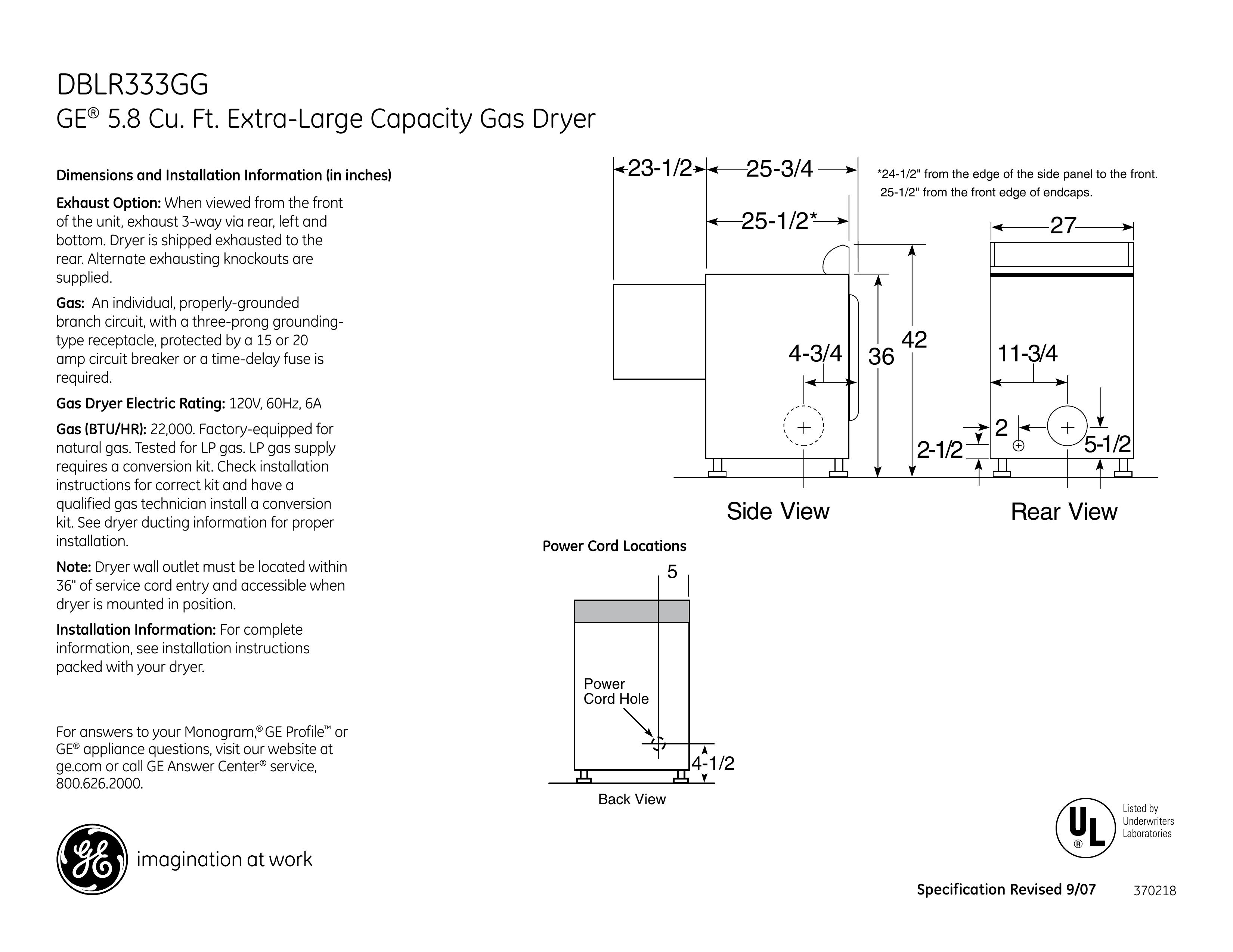 GE DBLR333GG Clothes Dryer User Manual