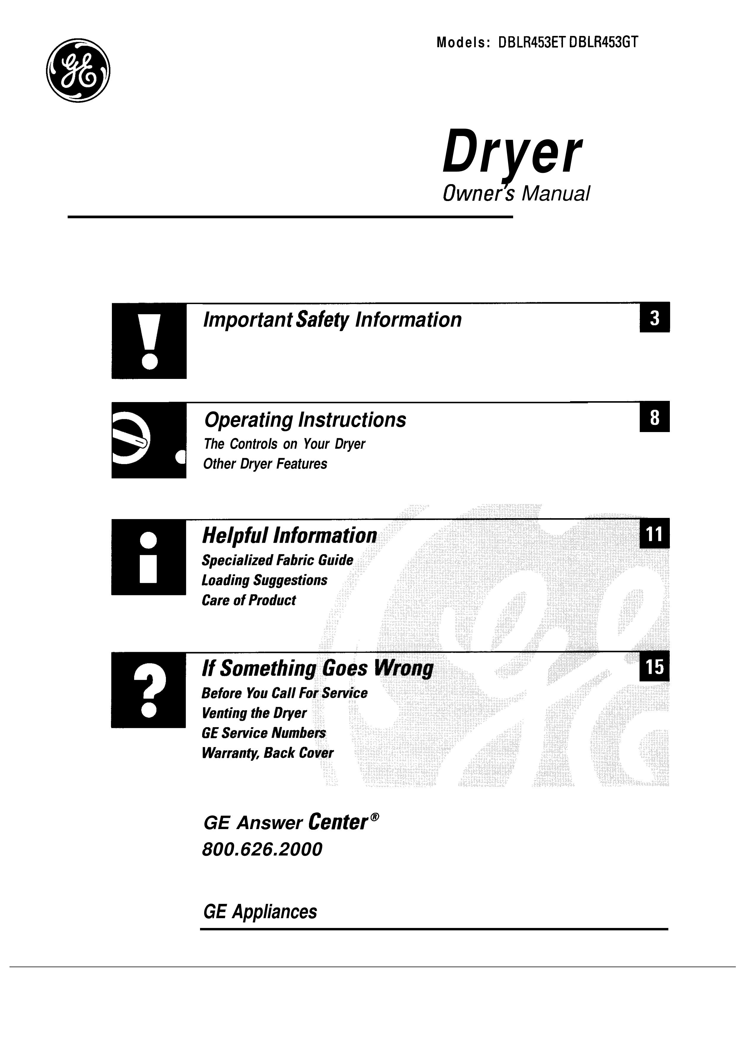GE DBLR453ET Clothes Dryer User Manual