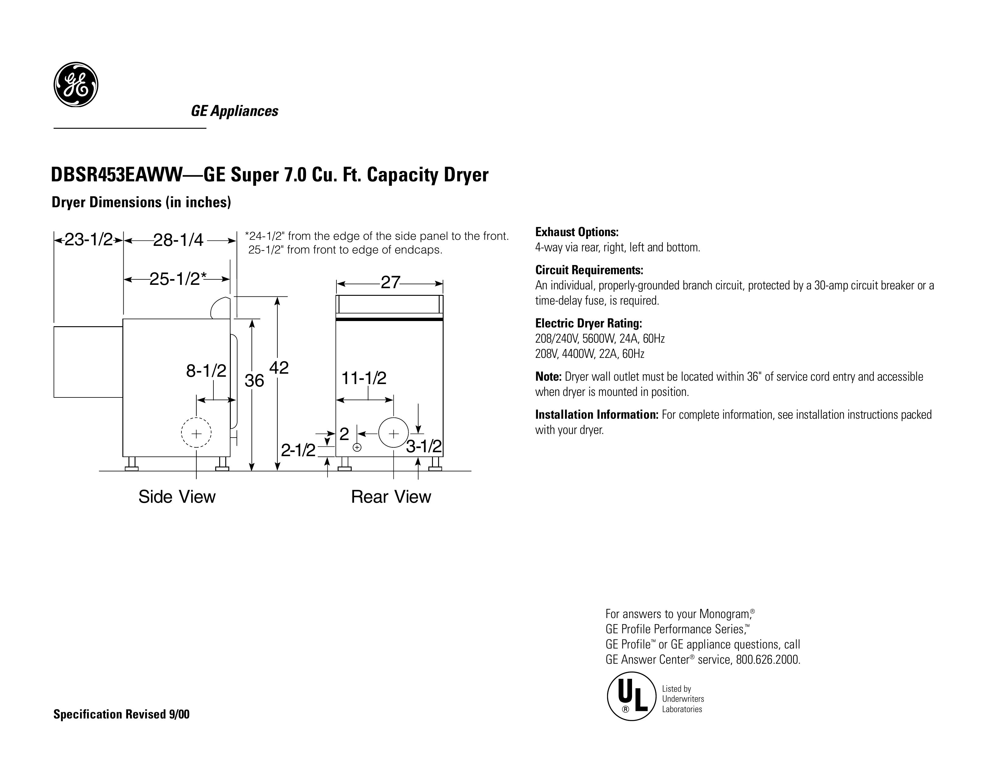 GE DBSR453EAAA Clothes Dryer User Manual