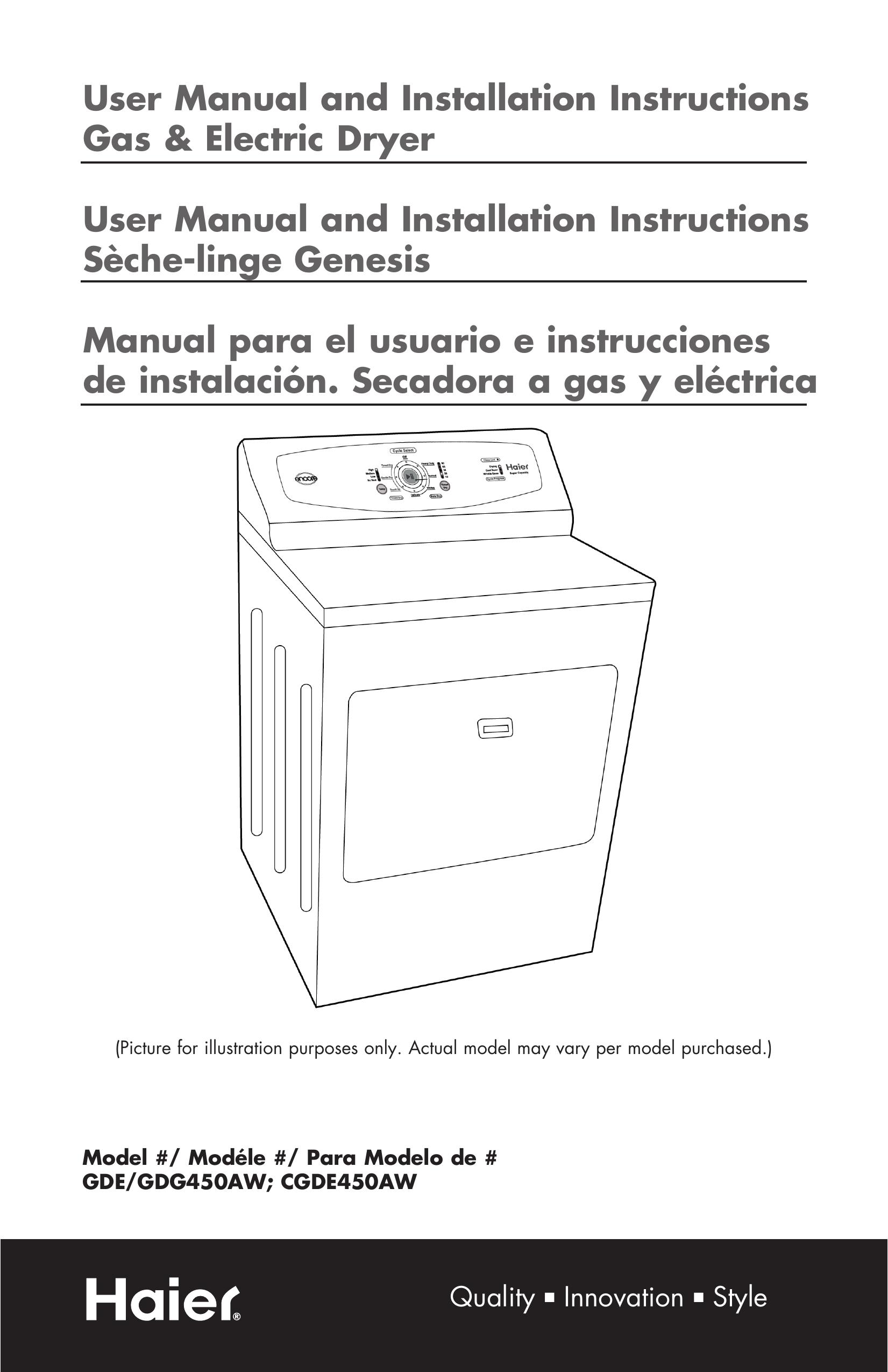Haier GDE/GDG450AW Clothes Dryer User Manual