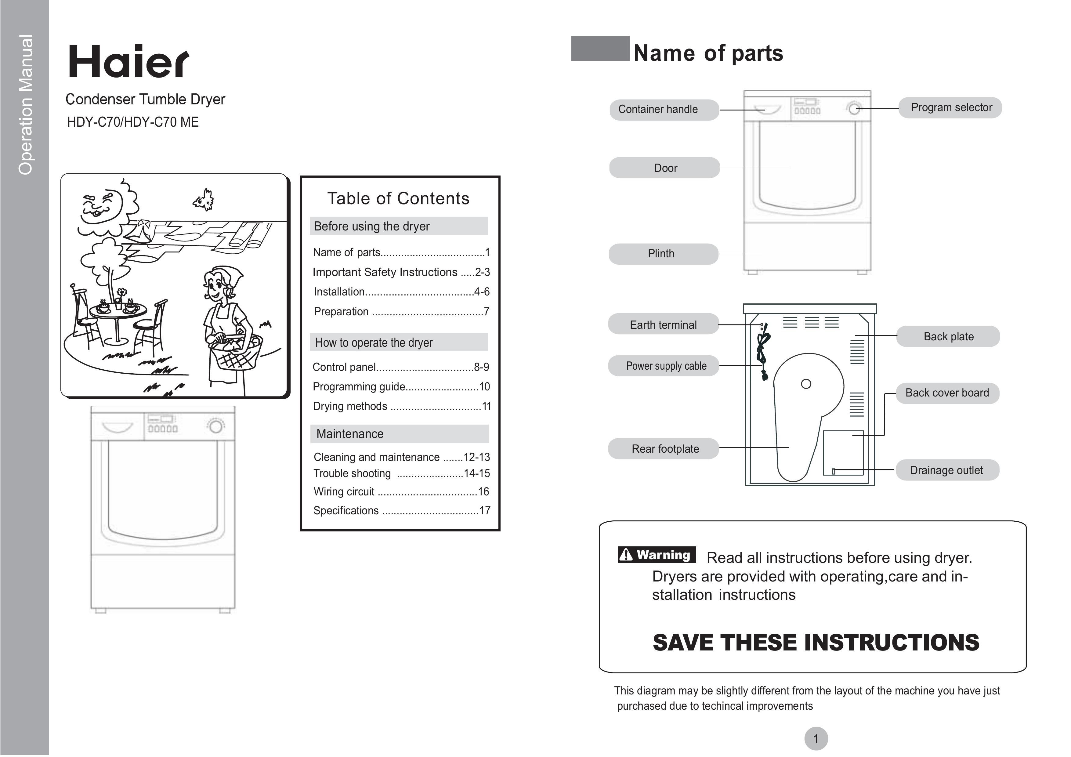 Haier HDY-C70 Clothes Dryer User Manual