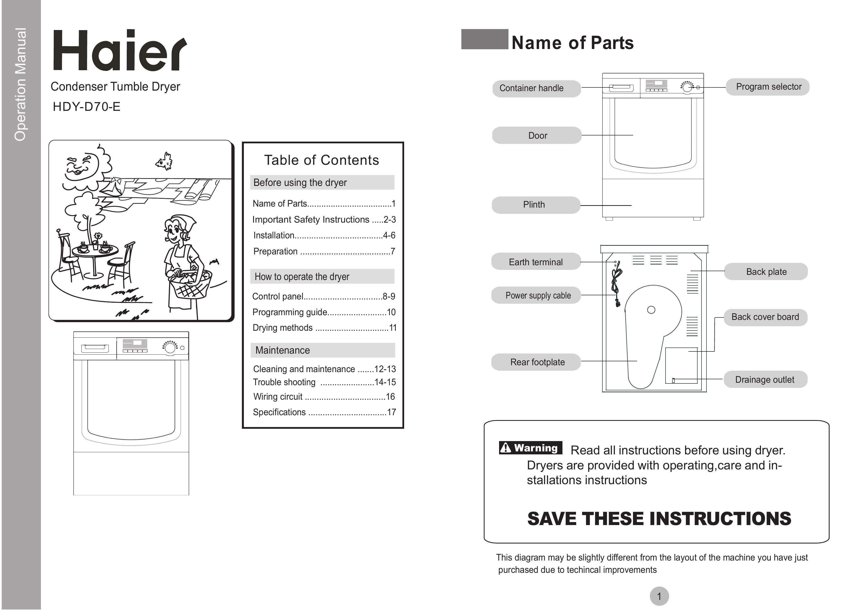 Haier HDY-D70-E Clothes Dryer User Manual