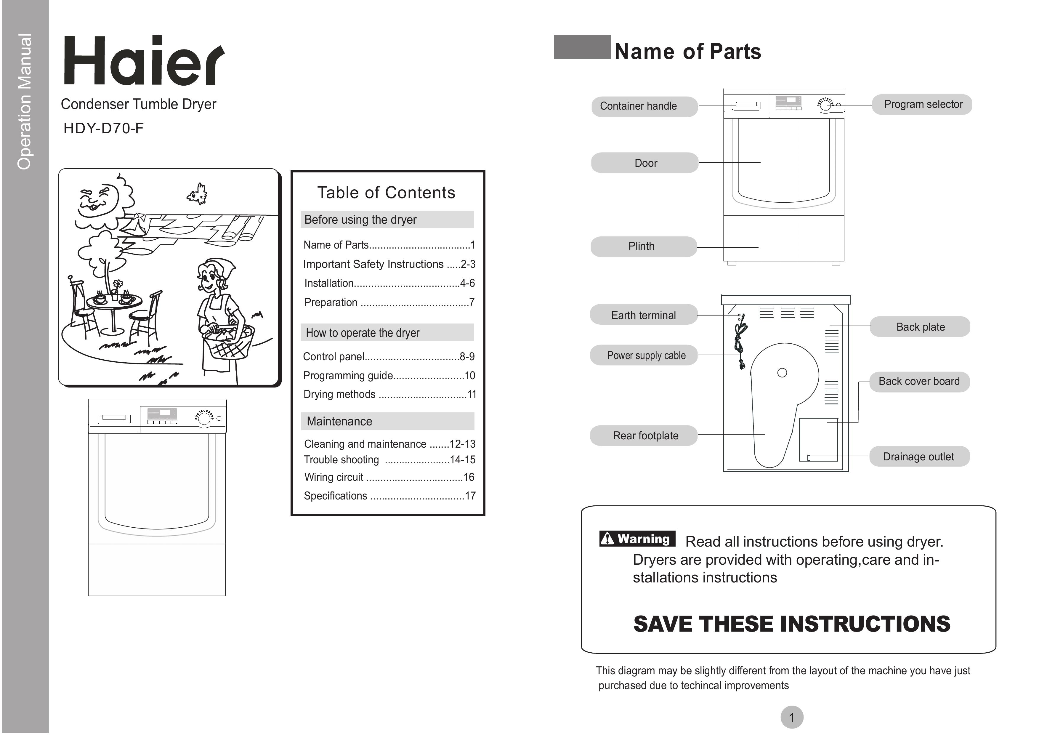 Haier HDY-D70-F Clothes Dryer User Manual