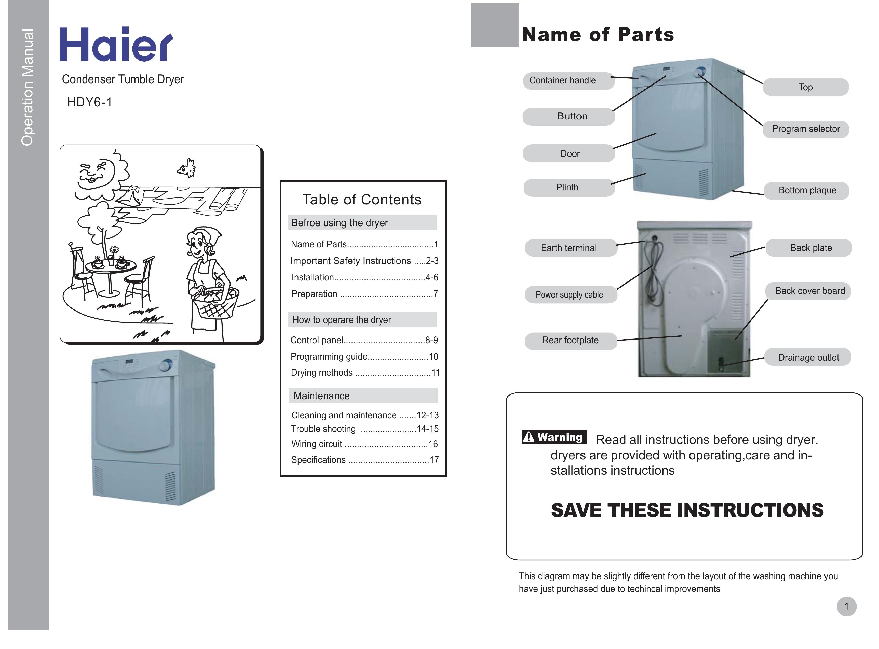 Haier HDY6-1 Clothes Dryer User Manual