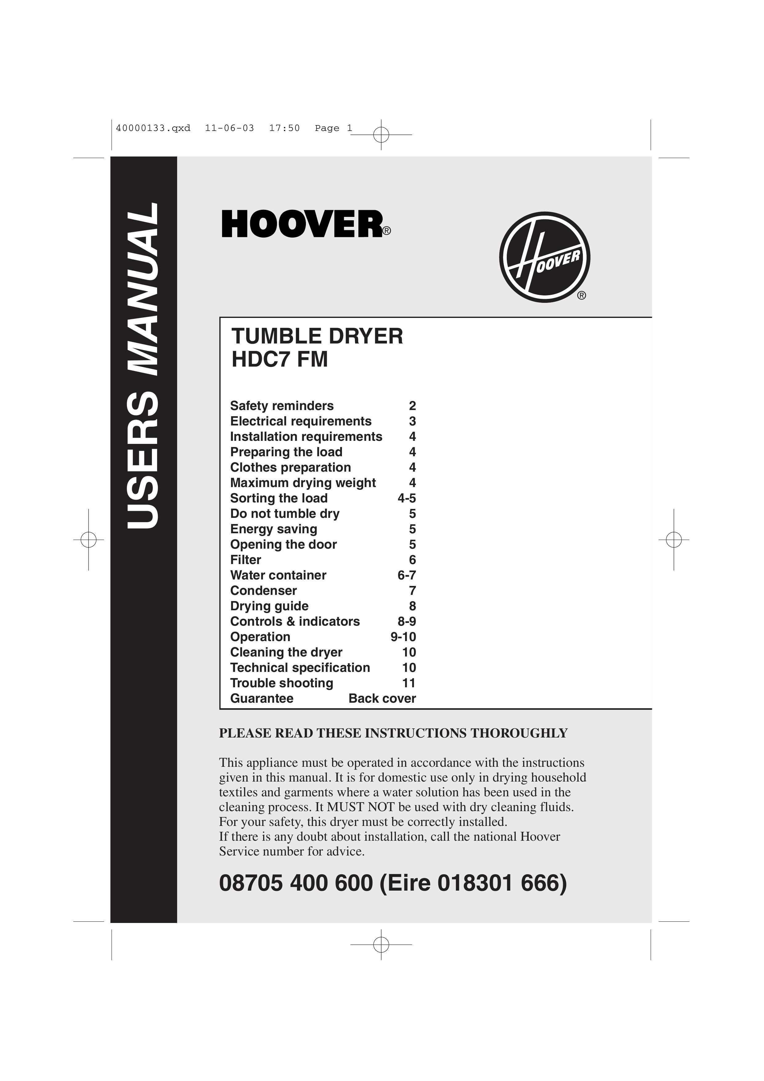 Hoover HDC7 FM Clothes Dryer User Manual