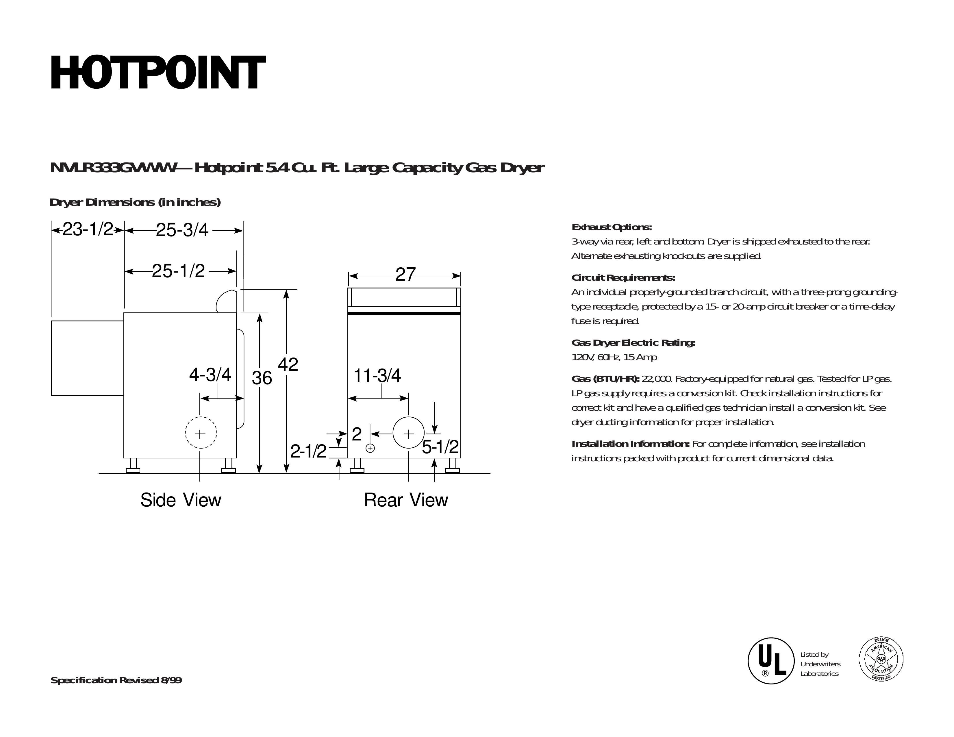 Hotpoint NVLR333GVAA Clothes Dryer User Manual