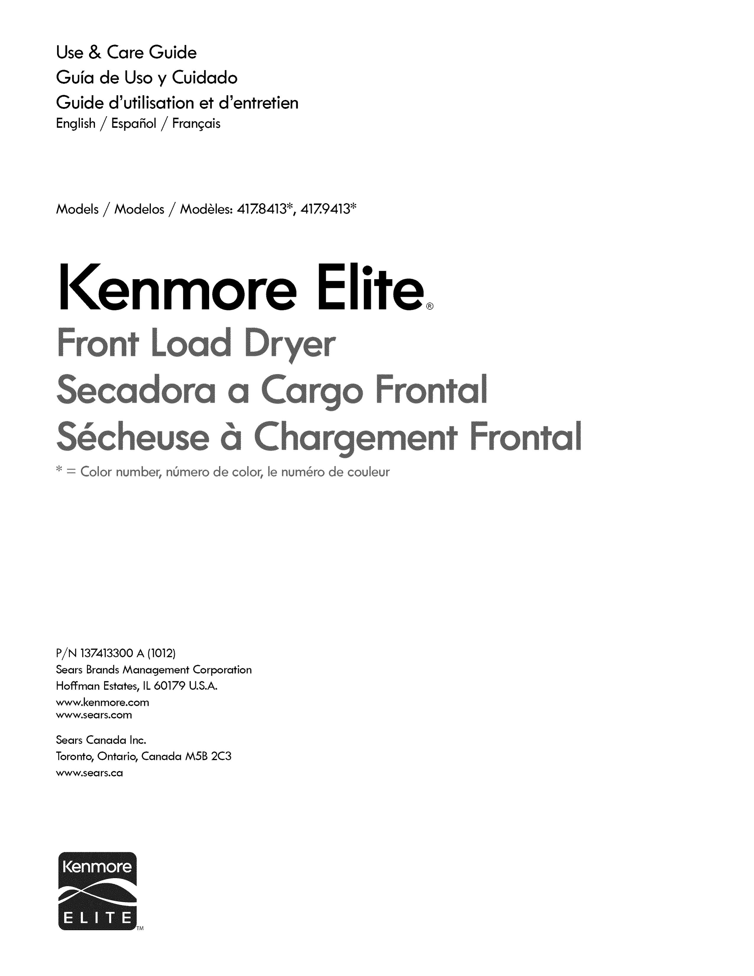 Kenmore 417.9413 Clothes Dryer User Manual