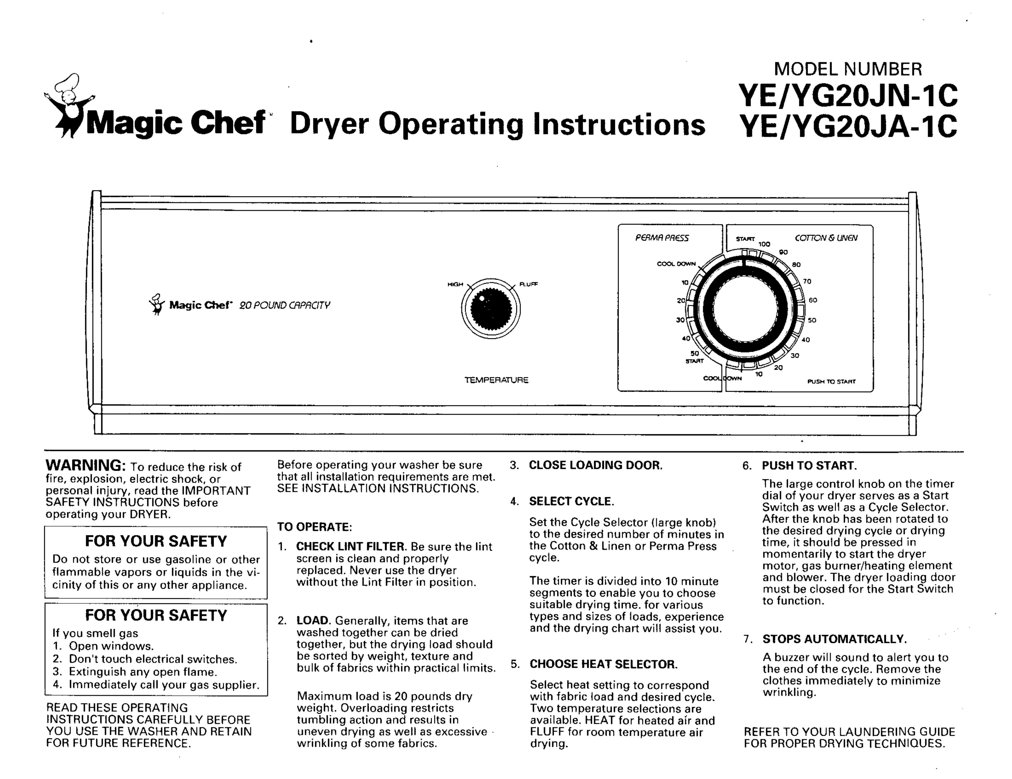 Magic Chef YE/YG20JN-1C Clothes Dryer User Manual