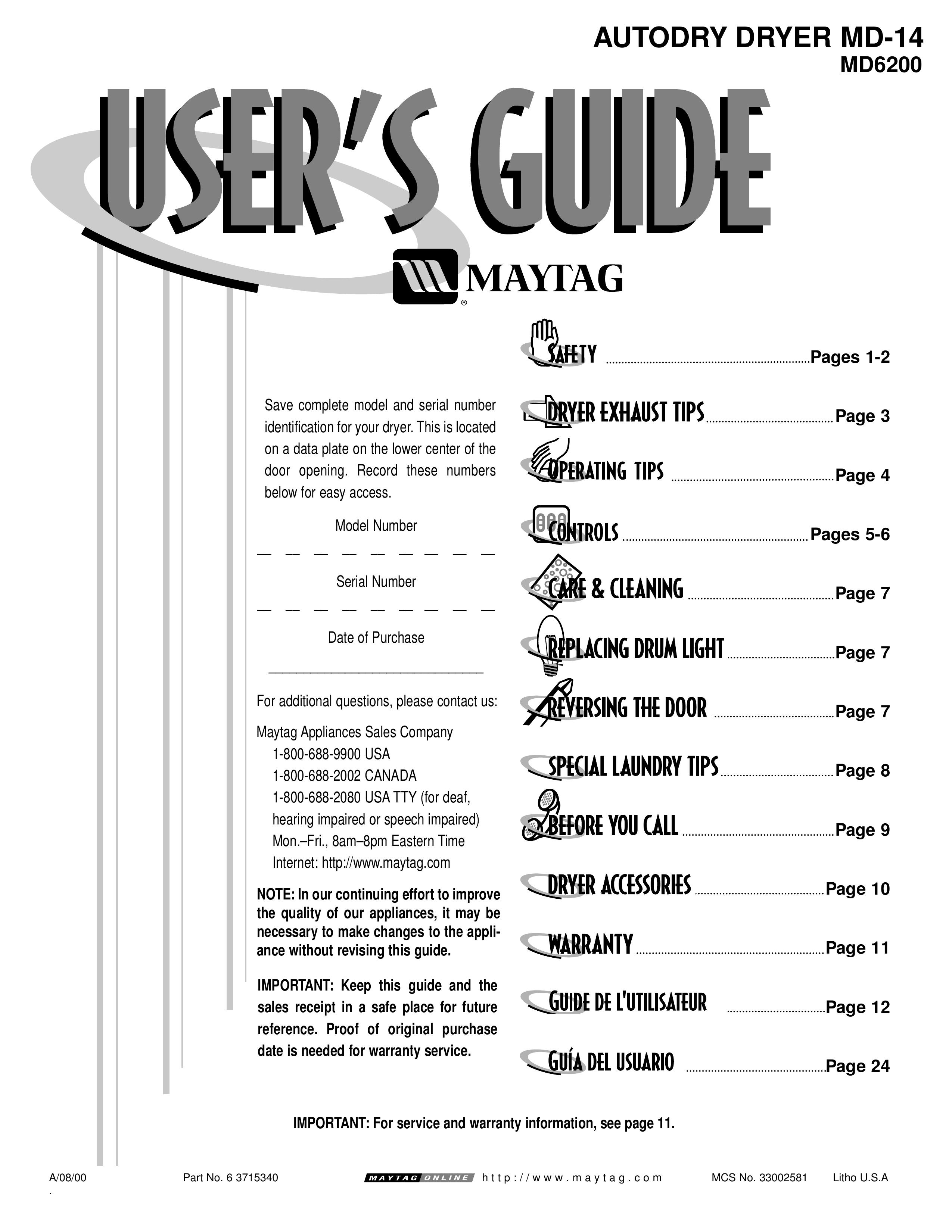 Maytag MD-14 Clothes Dryer User Manual