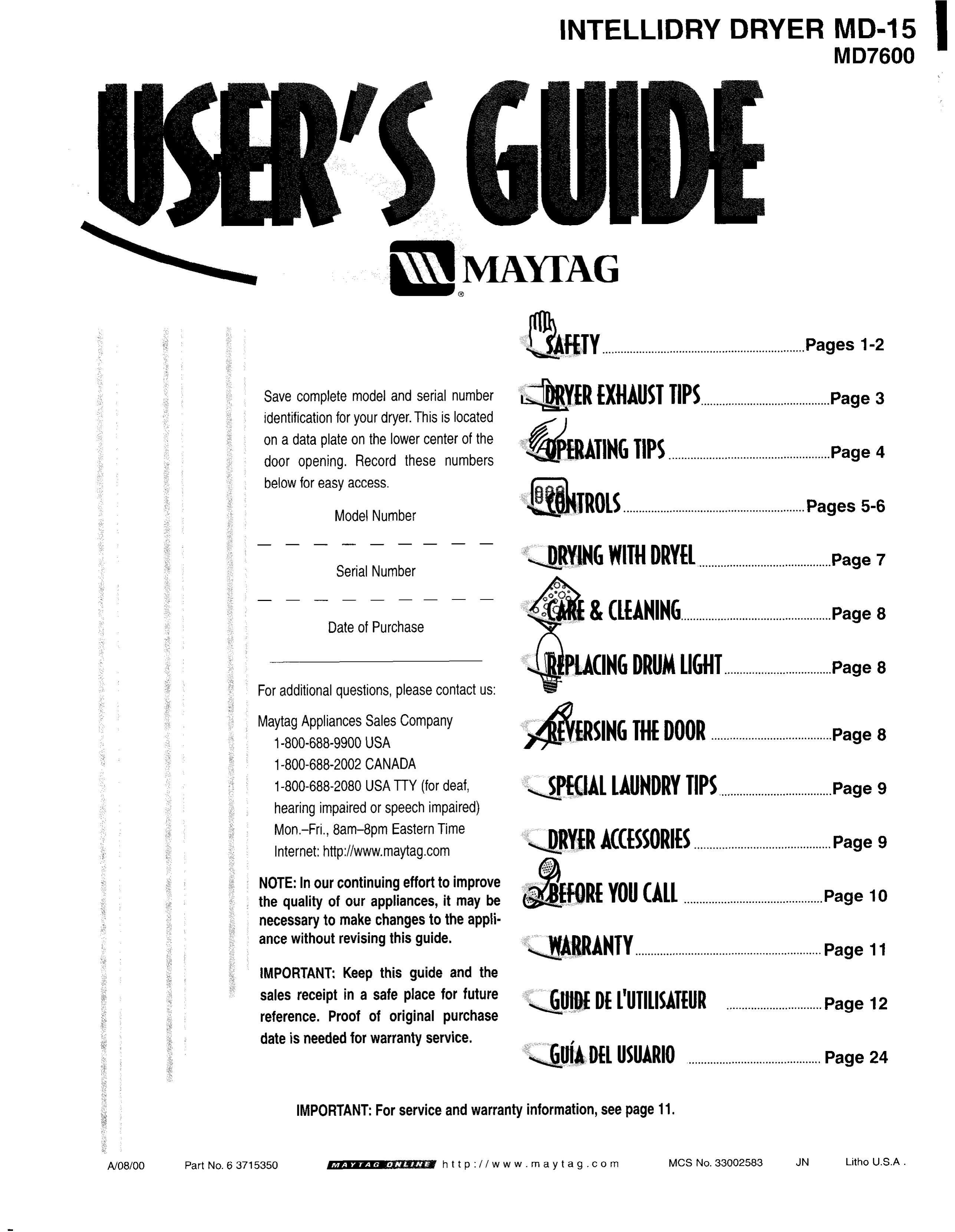 Maytag MD-15 Clothes Dryer User Manual