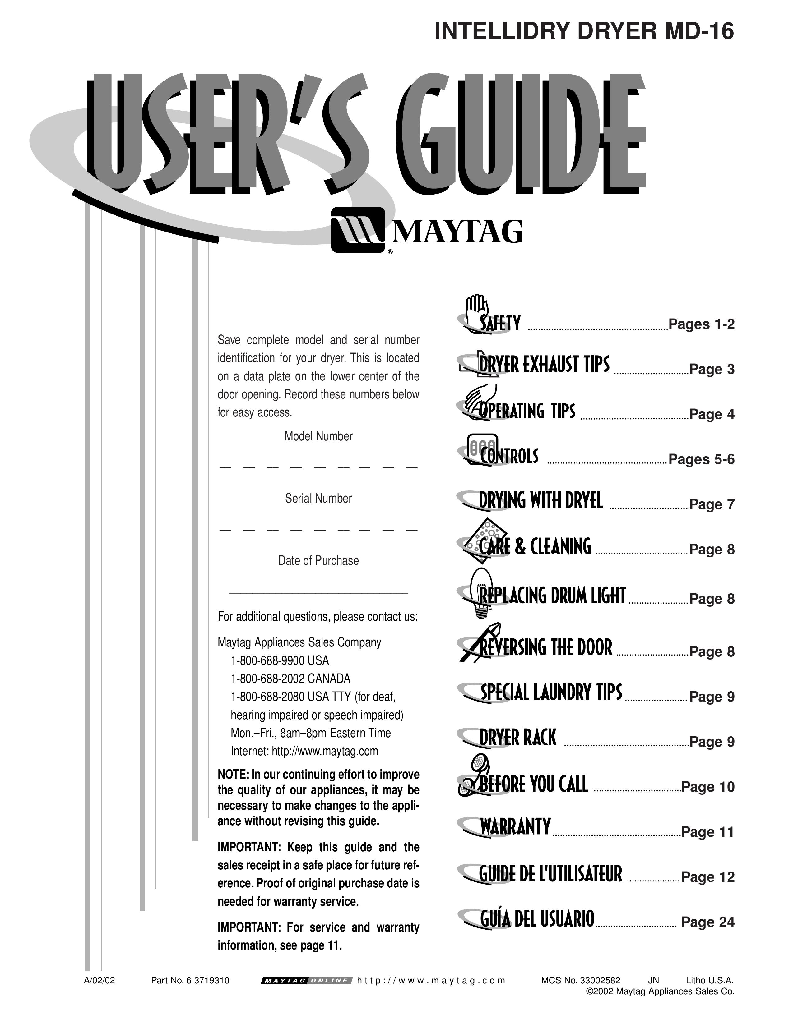 Maytag MD-16 Clothes Dryer User Manual