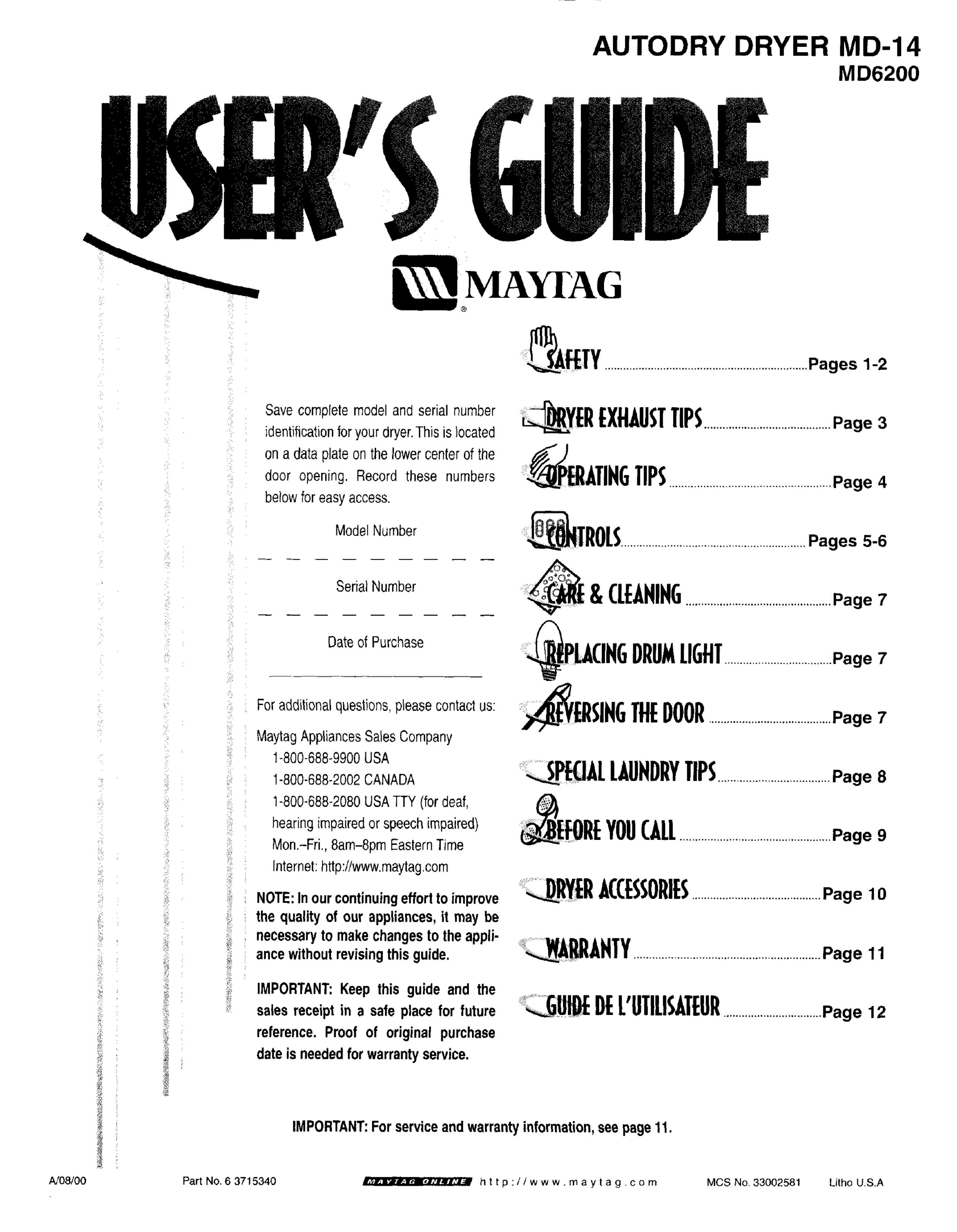 Maytag MD6200 Clothes Dryer User Manual