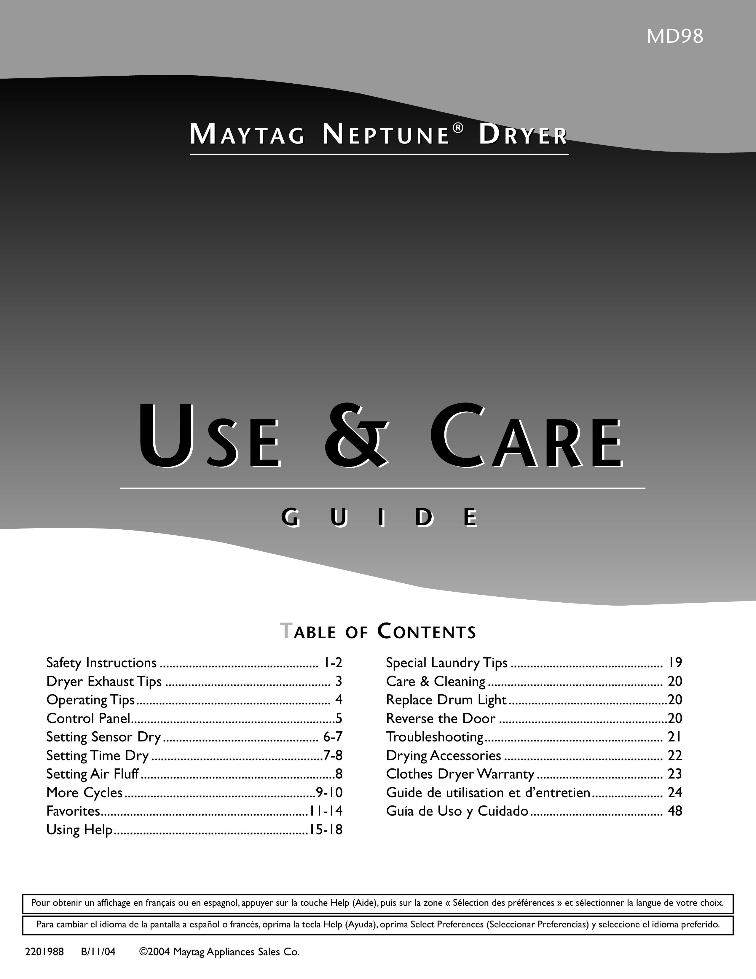 Maytag MD98 Clothes Dryer User Manual