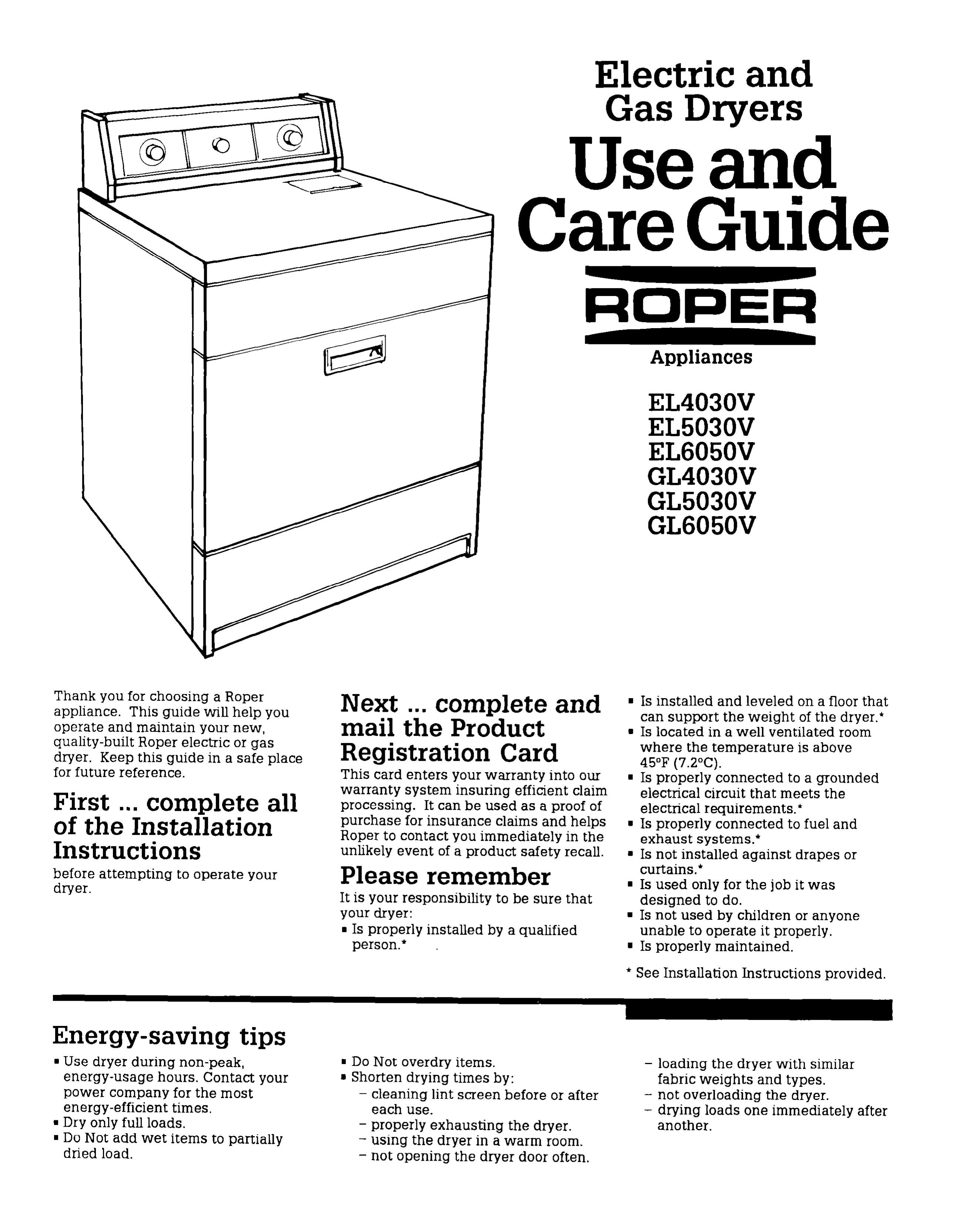Roper EL5030V Clothes Dryer User Manual