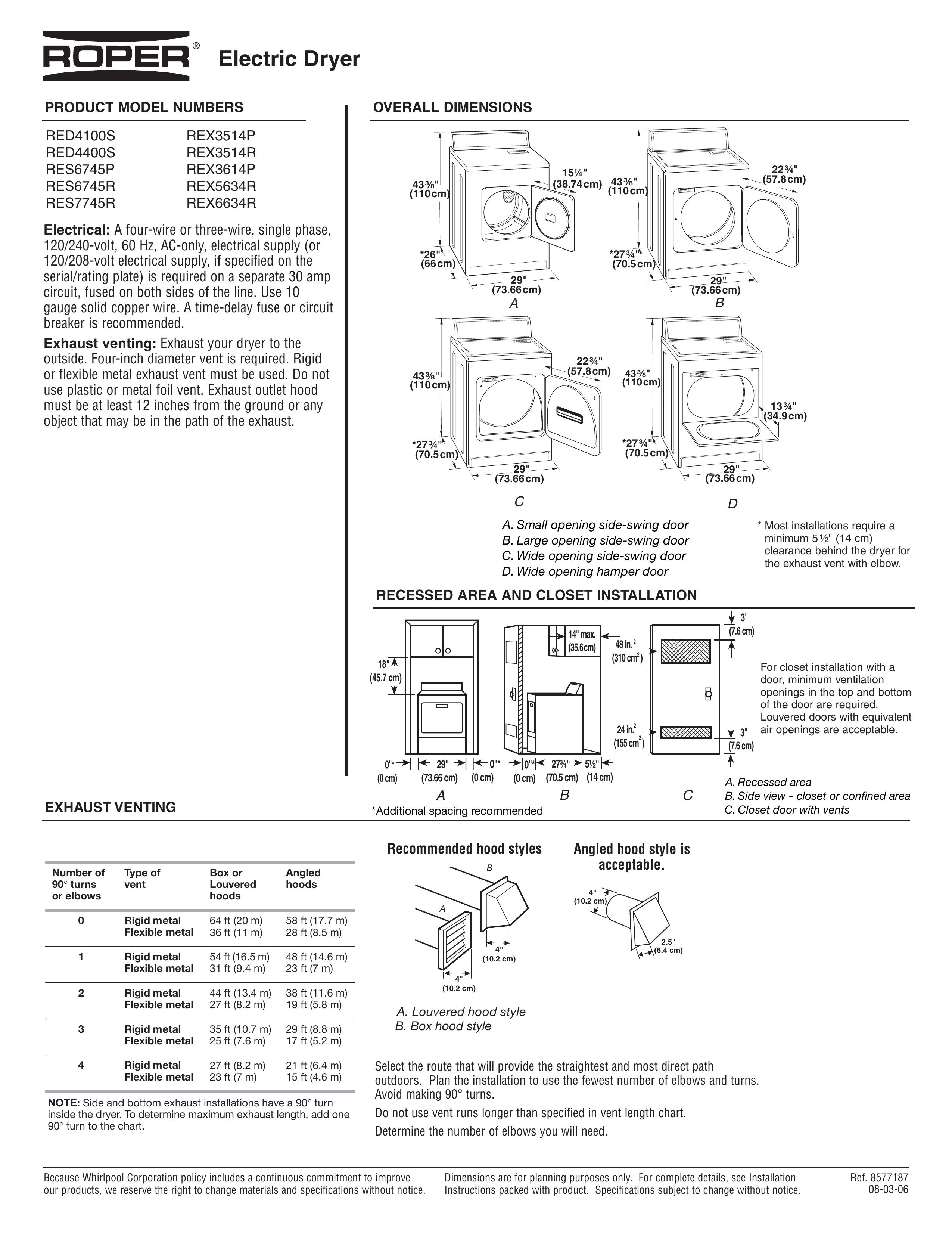 Roper RED4100S Clothes Dryer User Manual