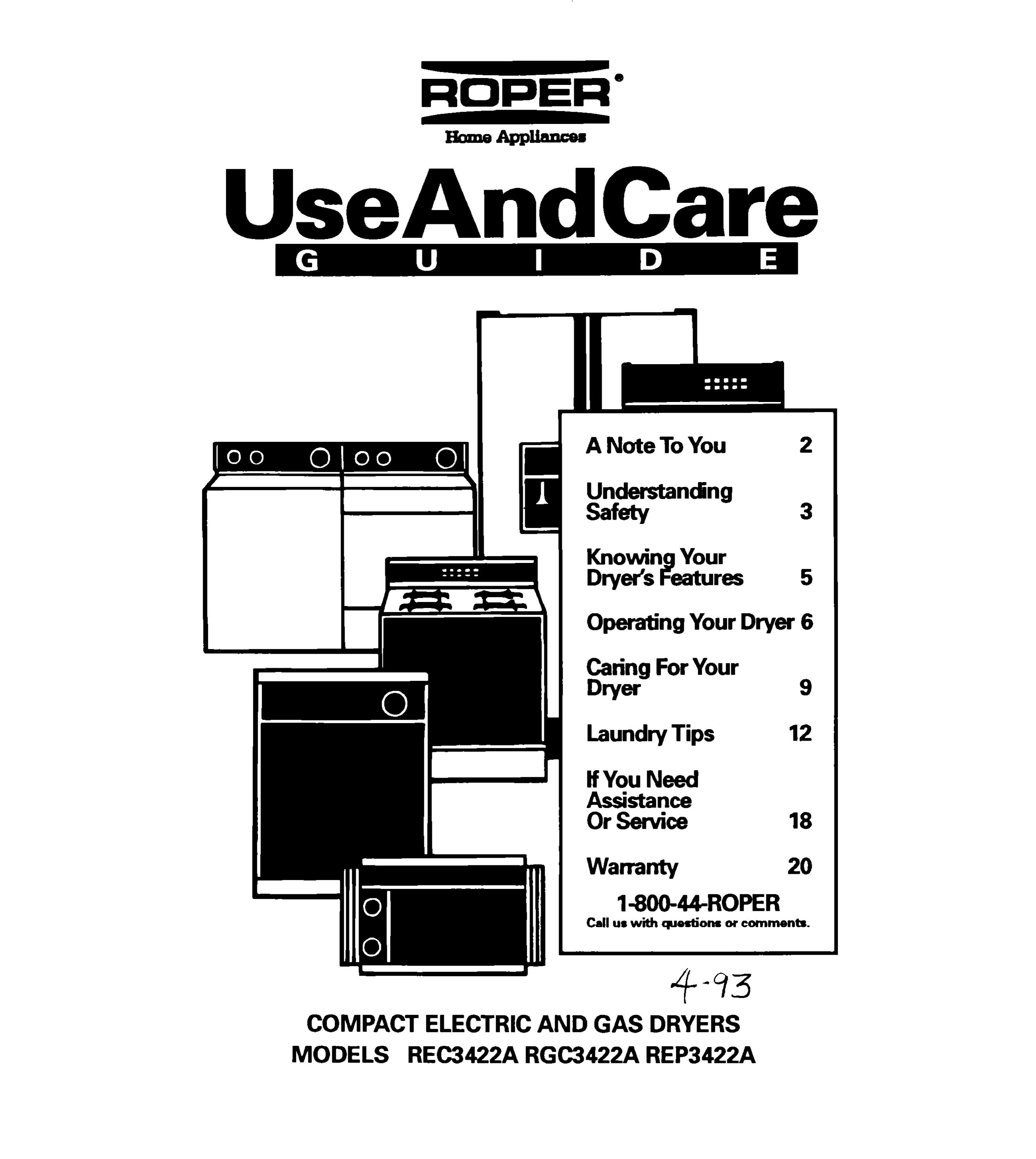 Roper RGC3422A Clothes Dryer User Manual