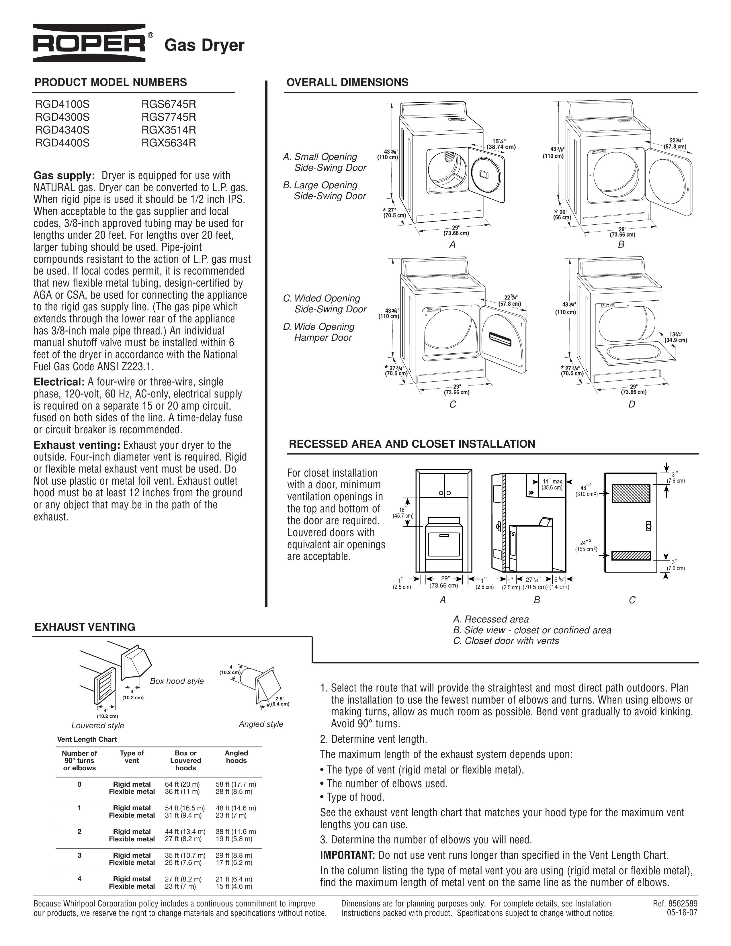 Roper RGD4340S Clothes Dryer User Manual